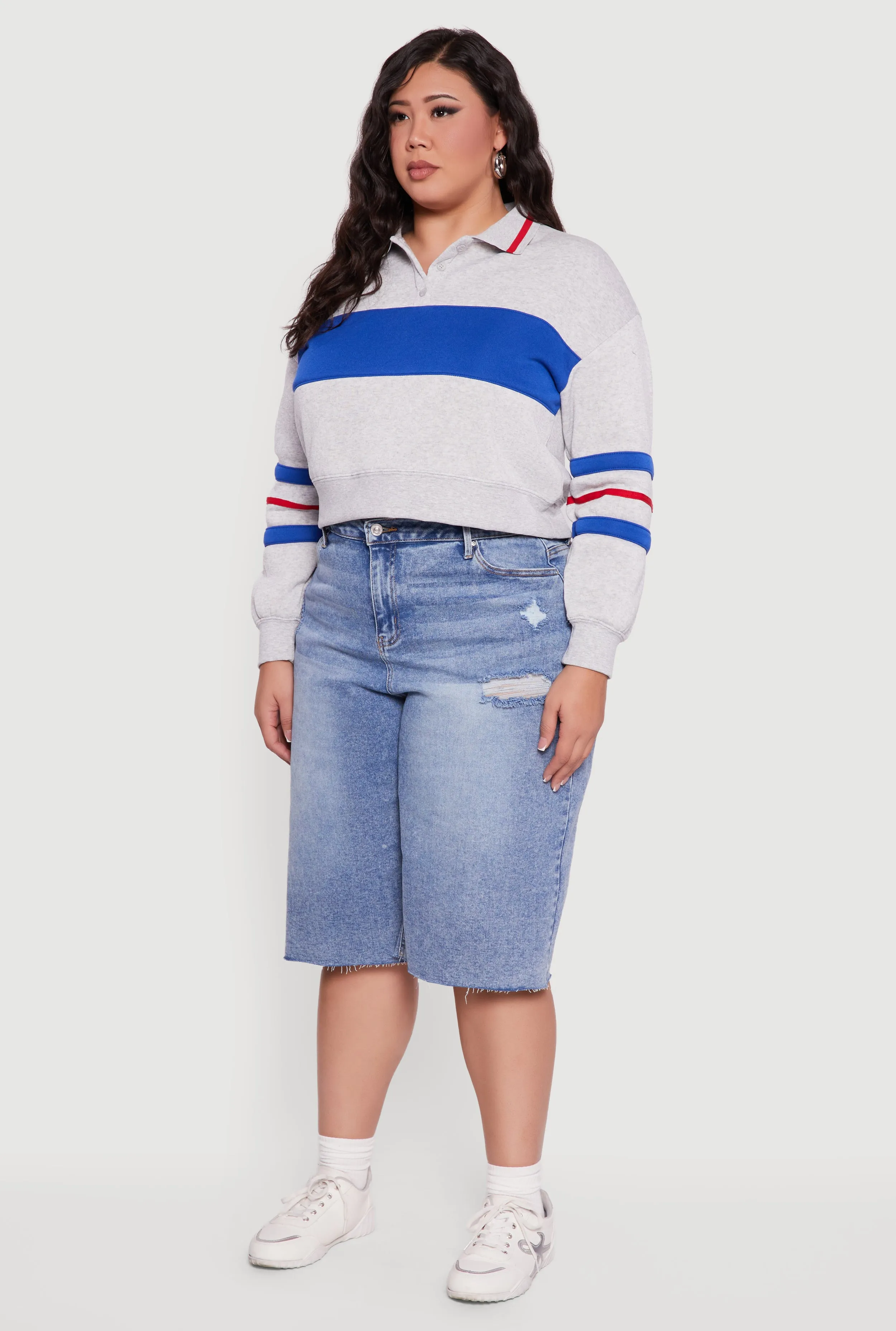 Plus Size Color Blocked Crop Polo Sweatshirt sold by Rainbow product image thumbnail 5