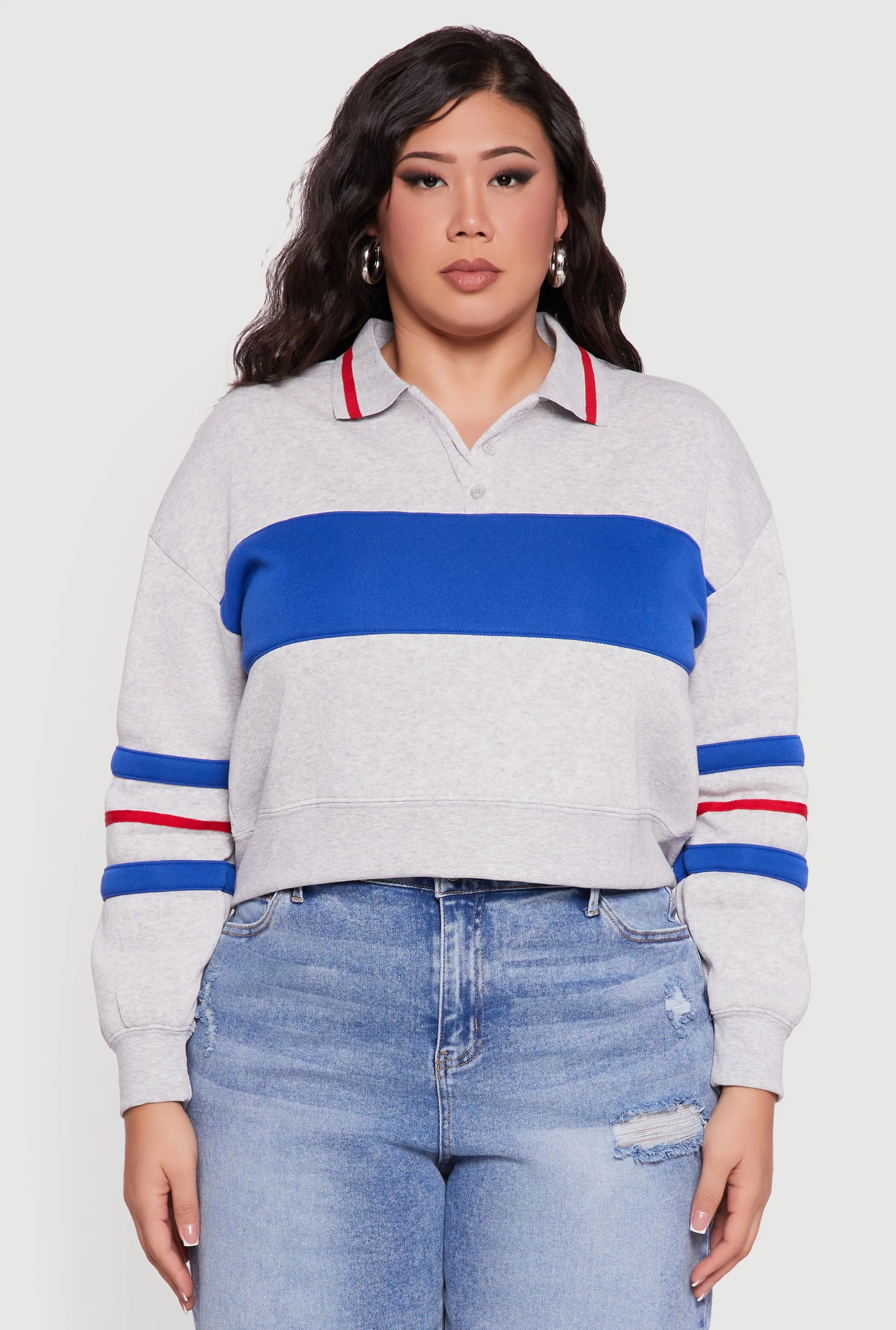 Plus Size Color Blocked Crop Polo Sweatshirt sold by Rainbow product image thumbnail 2