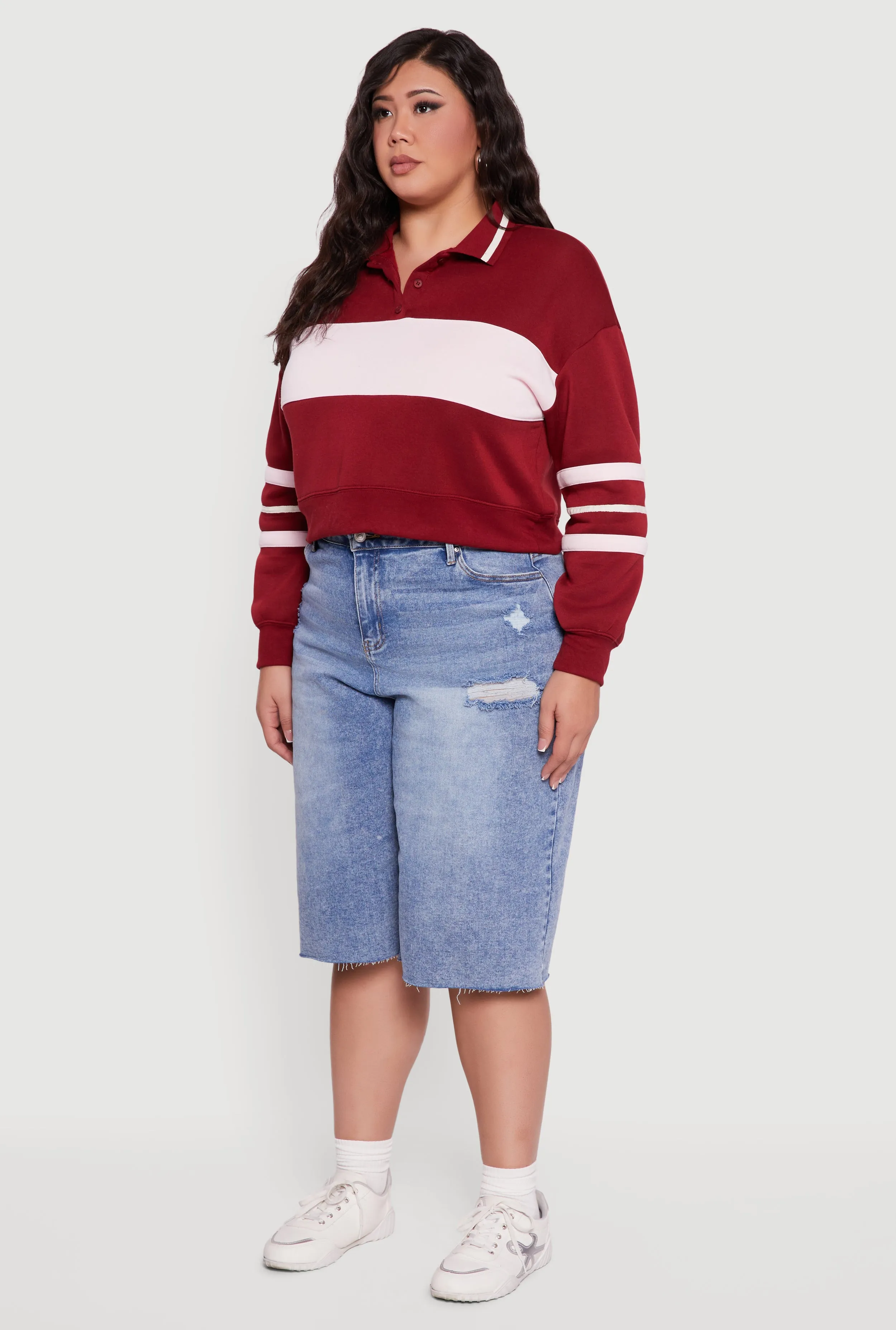 Plus Size Color Blocked Crop Polo Sweatshirt sold by Rainbow product image thumbnail 5