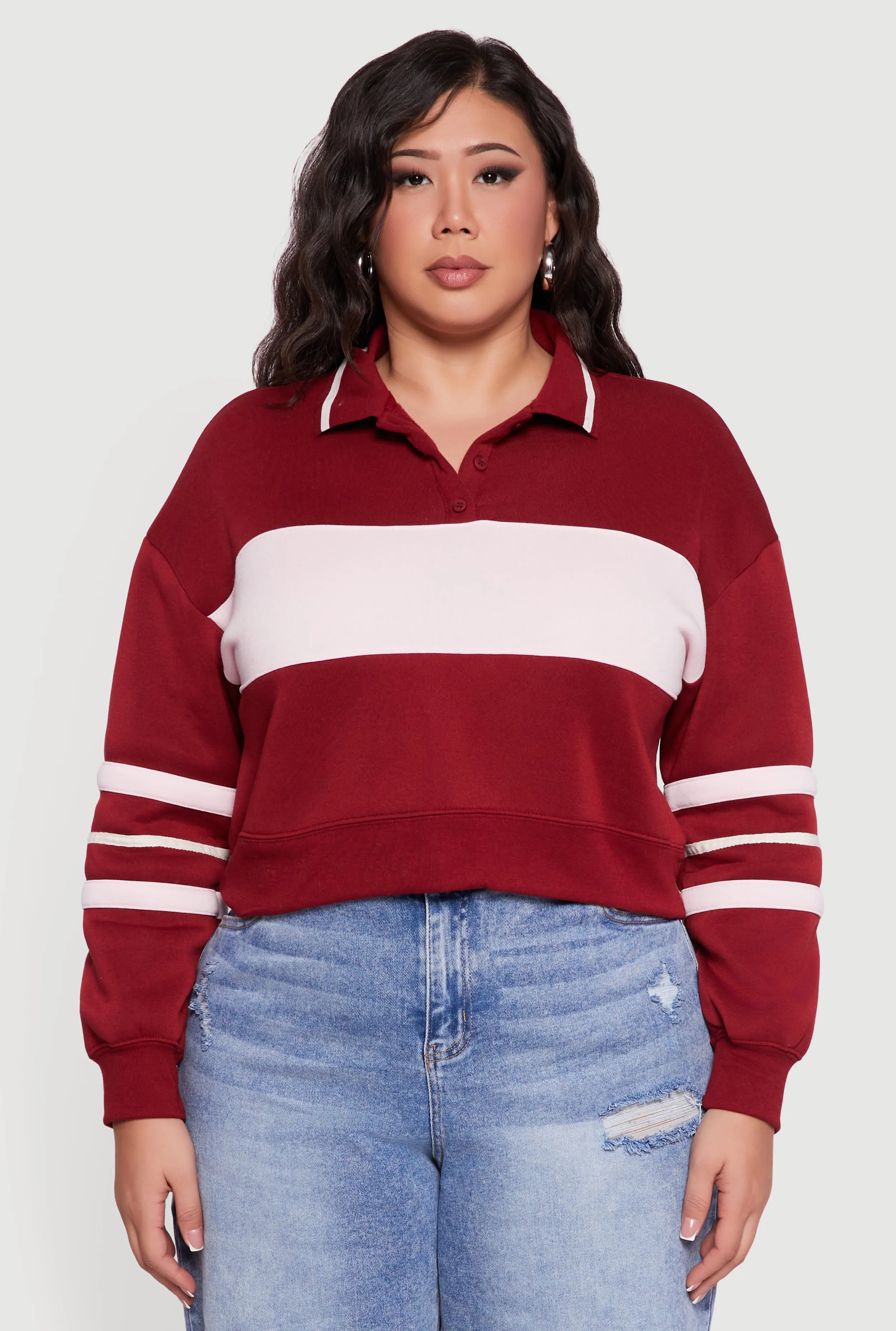 Plus Size Color Blocked Crop Polo Sweatshirt sold by Rainbow product image thumbnail 2