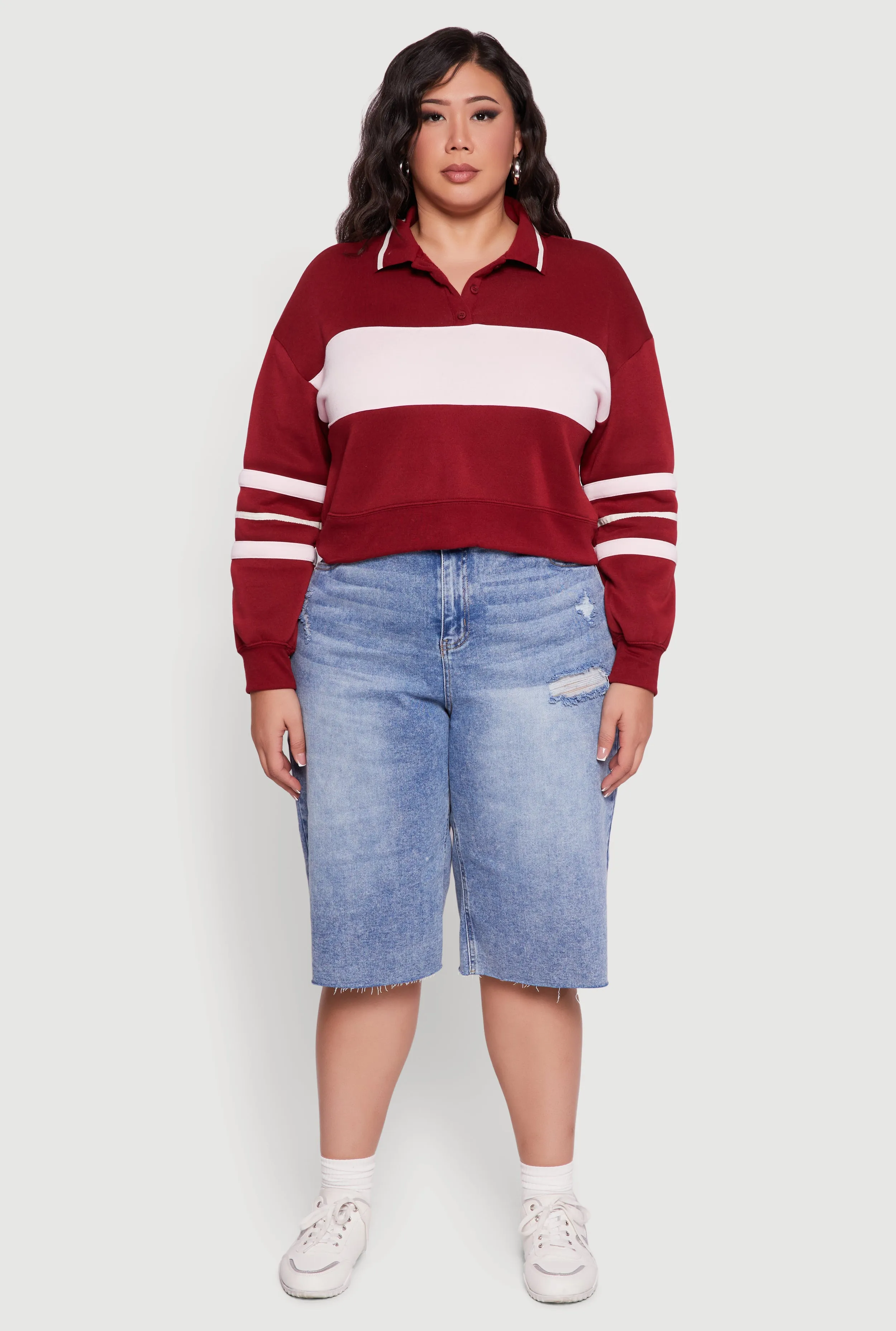 Plus Size Color Blocked Crop Polo Sweatshirt sold by Rainbow product image thumbnail 3