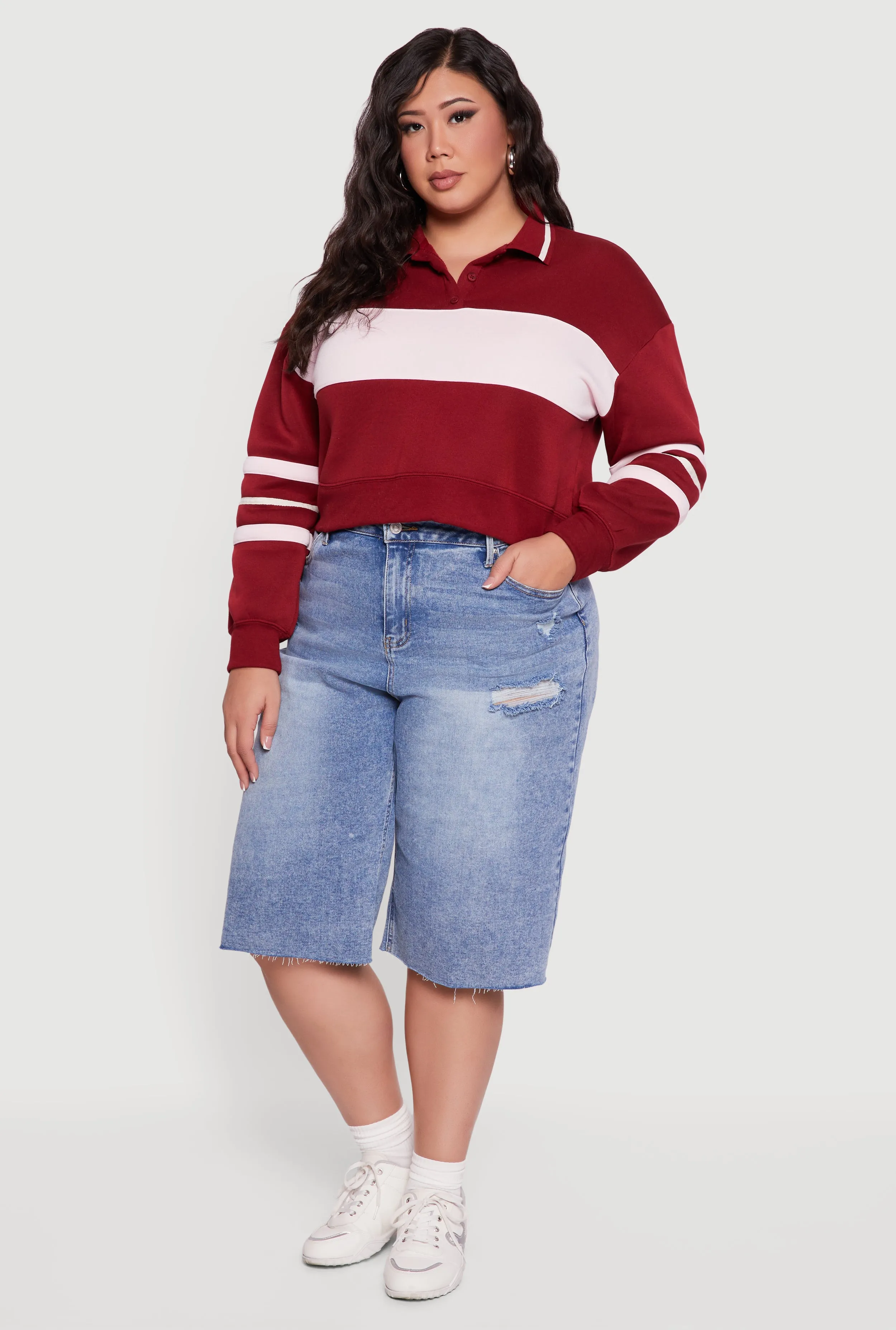 Plus Size Color Blocked Crop Polo Sweatshirt sold by Rainbow
