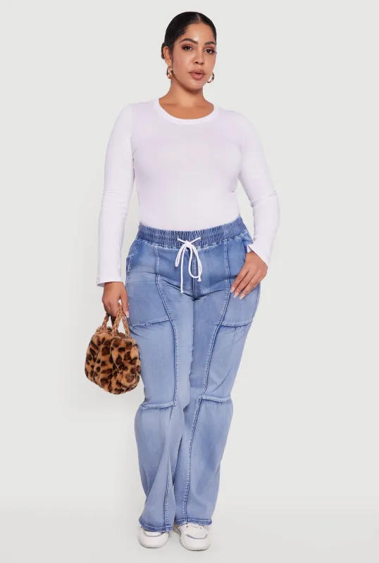 Plus Size Drawstring High Waisted Acid Wash Jeans sold by Rainbow