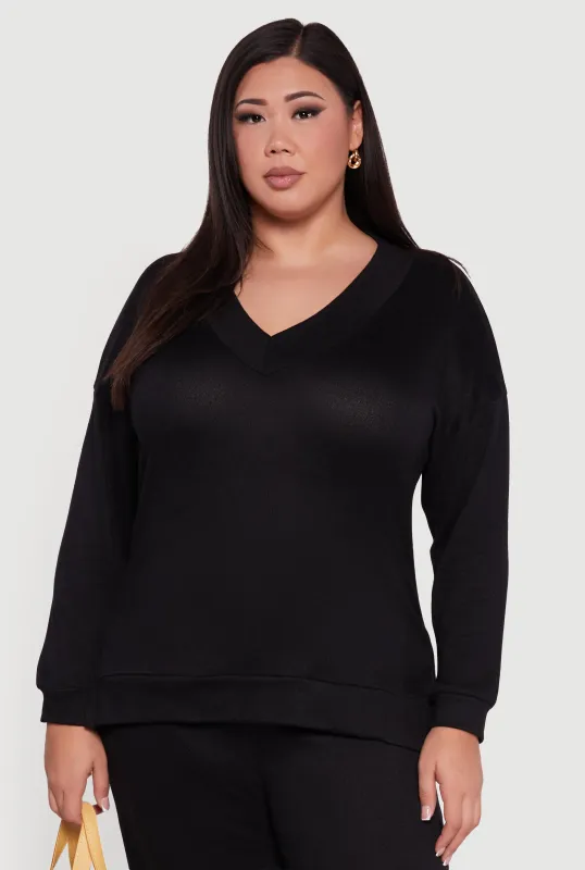Plus Size Relaxed Fit V-Neck Long Sleeve Pullover Top sold by Rainbow
