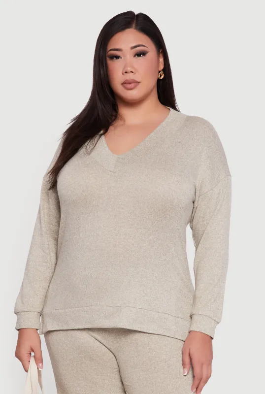 Plus Size Relaxed Fit V-Neck Long Sleeve Pullover Top sold by Rainbow