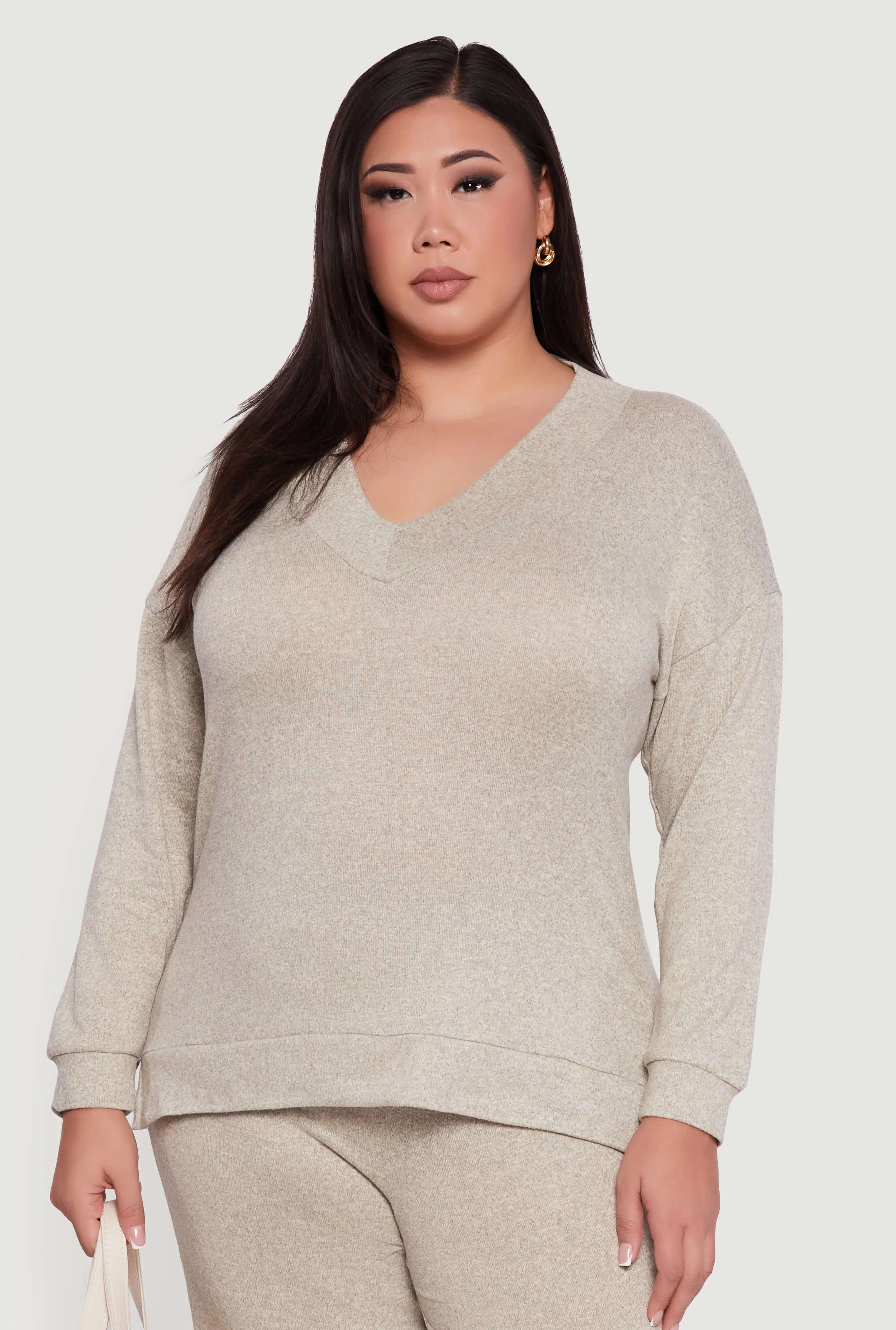 Plus Size Relaxed Fit V-Neck Long Sleeve Pullover Top sold by Rainbow