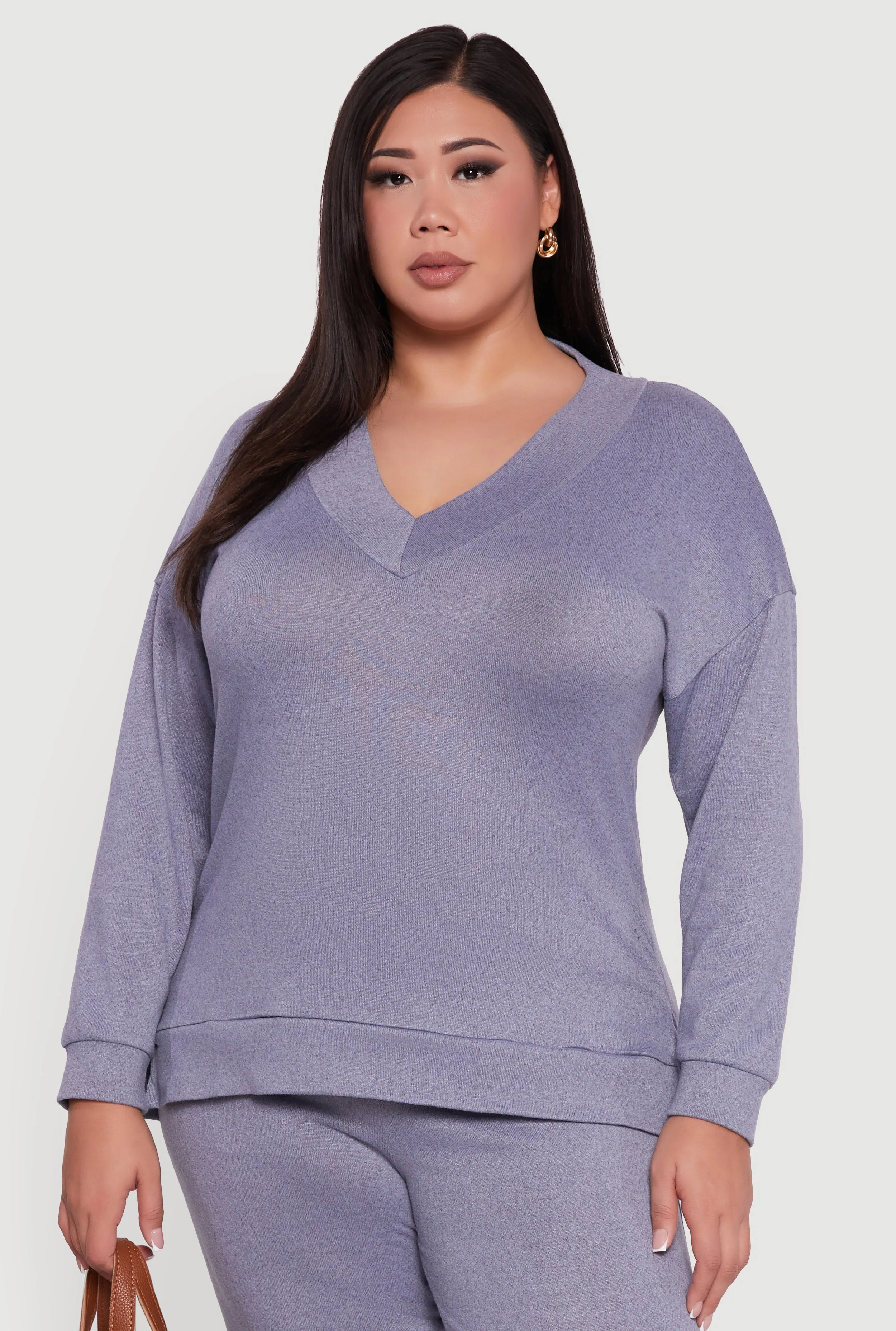 Plus Size Relaxed Fit V-Neck Long Sleeve Pullover Top sold by Rainbow