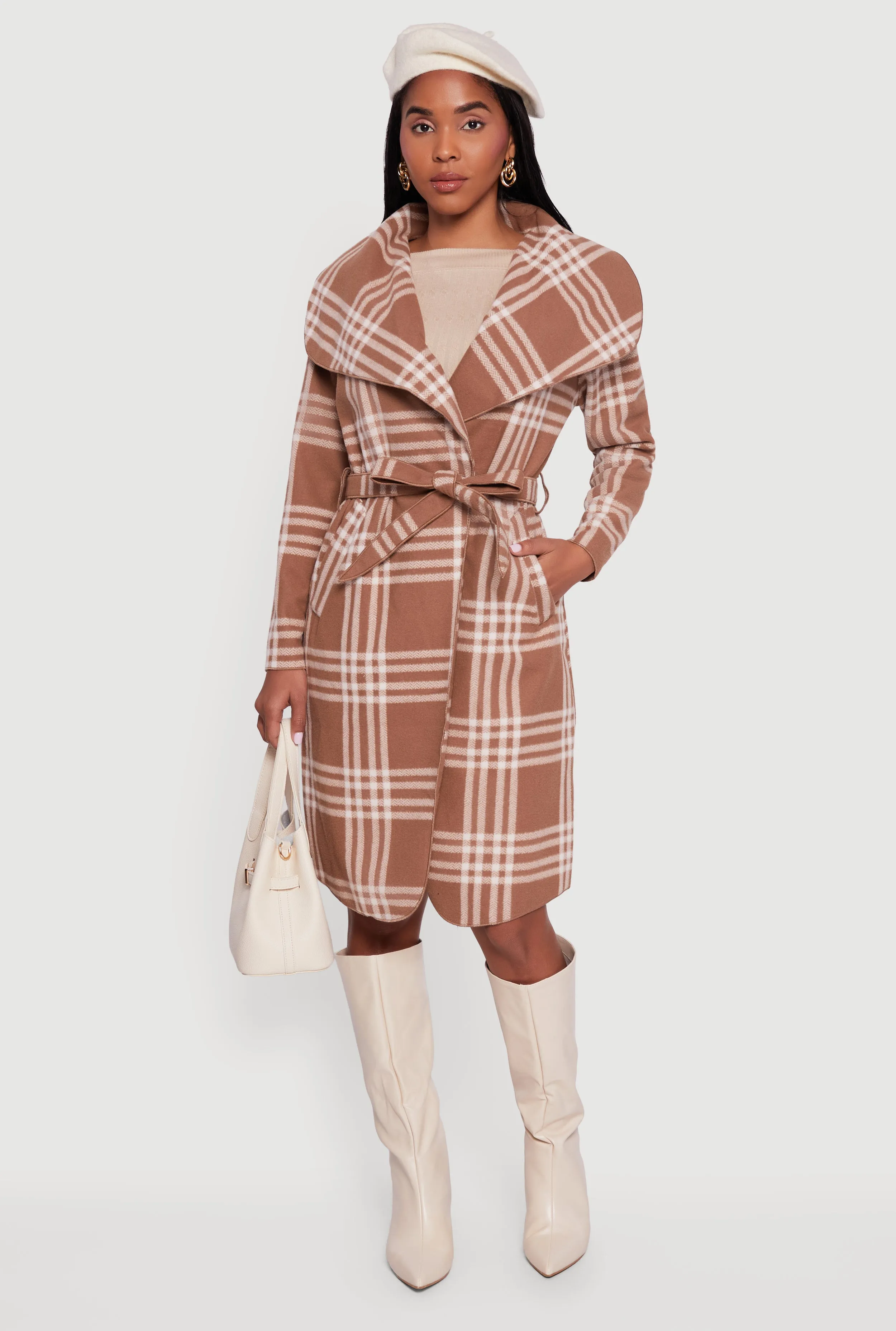 Trendy Plaid Fleece Wrap Coat with Tie Waist Belt sold by Rainbow