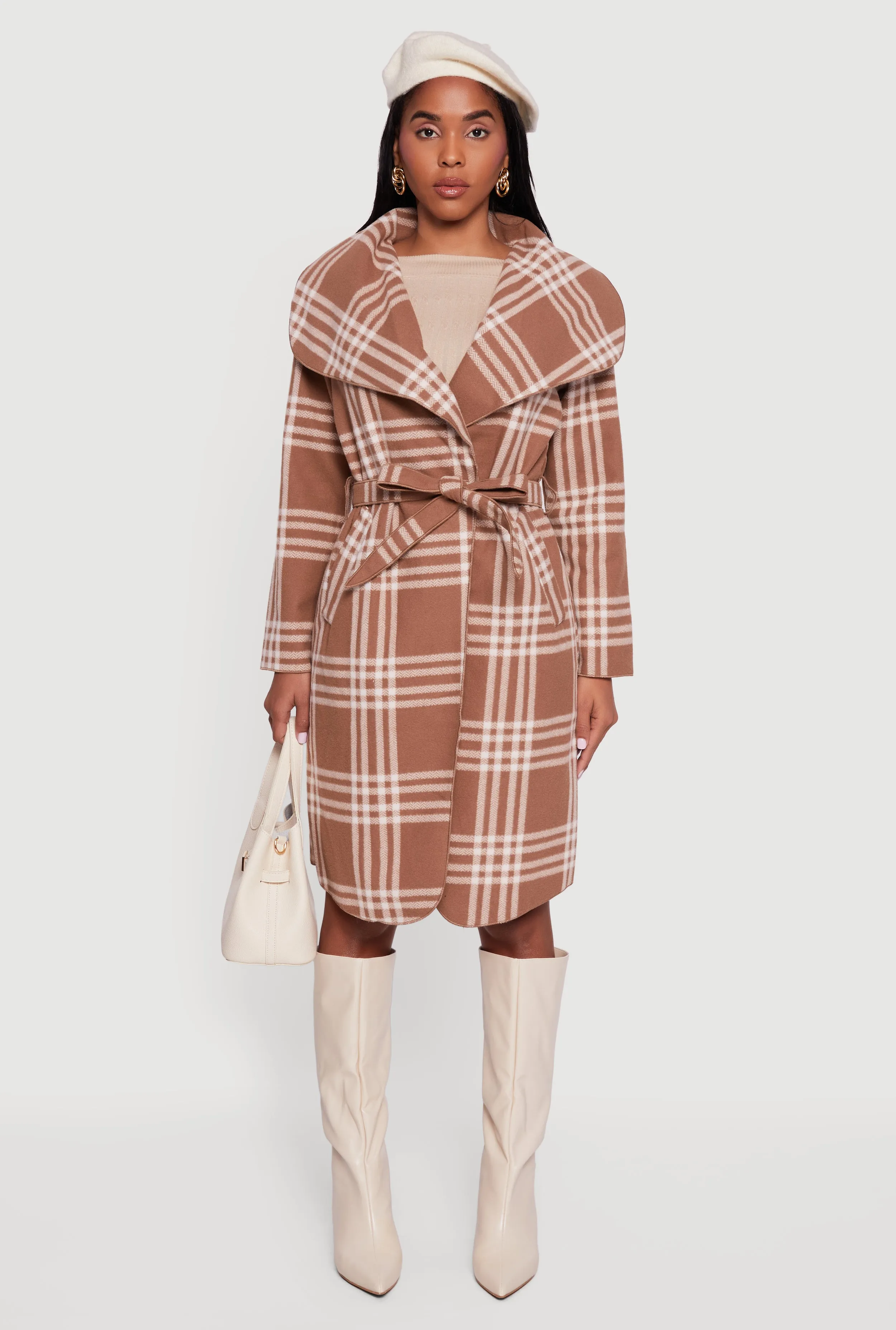 Trendy Plaid Fleece Wrap Coat with Tie Waist Belt sold by Rainbow product image thumbnail 3