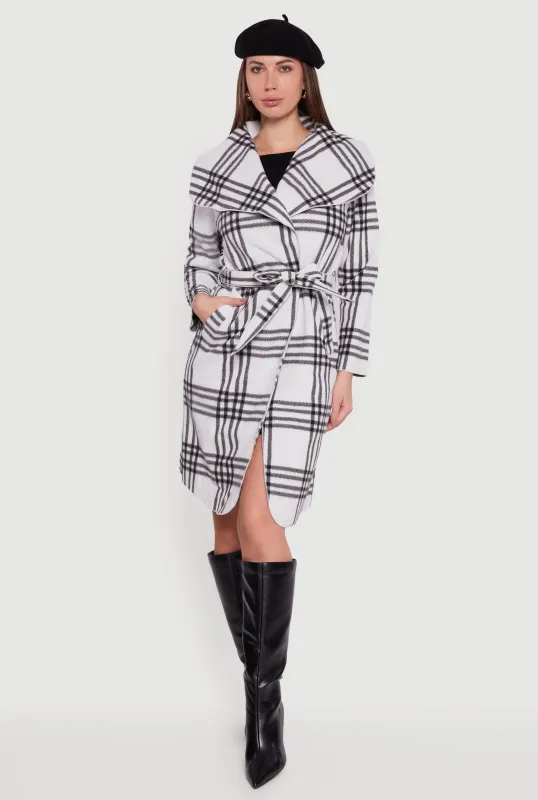 Trendy Plaid Fleece Wrap Coat with Tie Waist Belt sold by Rainbow