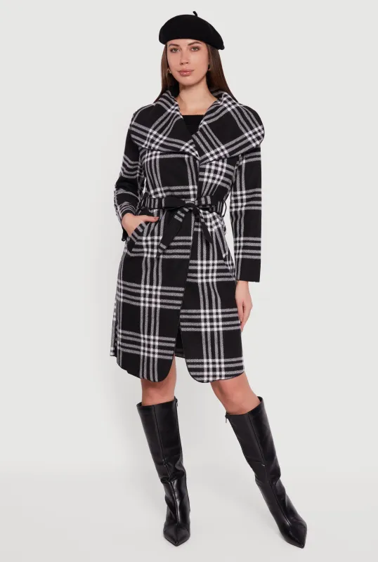 Trendy Plaid Fleece Wrap Coat with Tie Waist Belt sold by Rainbow