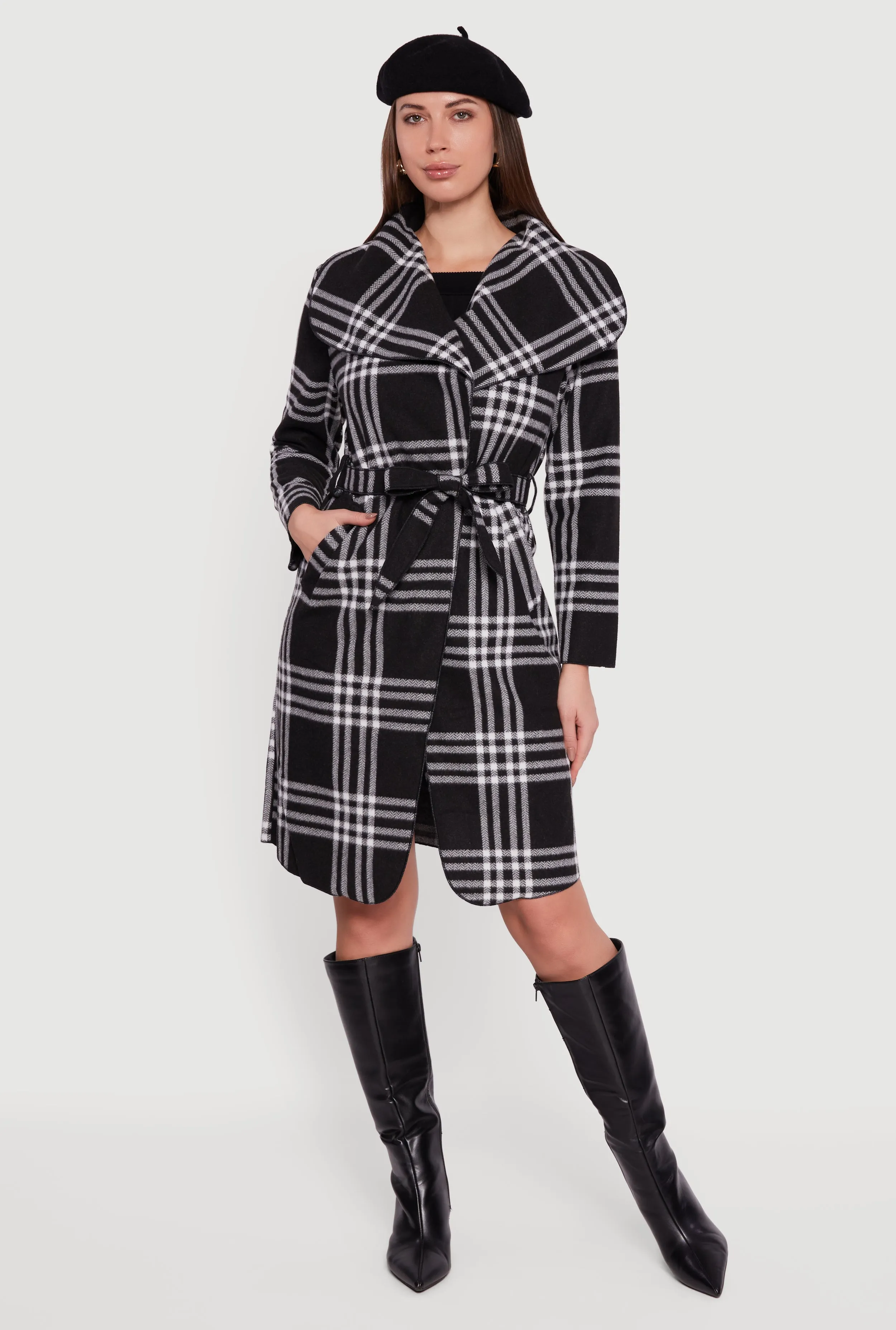 Trendy Plaid Fleece Wrap Coat with Tie Waist Belt sold by Rainbow
