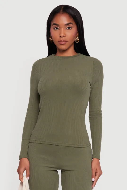 Ribbed Knit Long Sleeve Crew Neck Top sold by Rainbow
