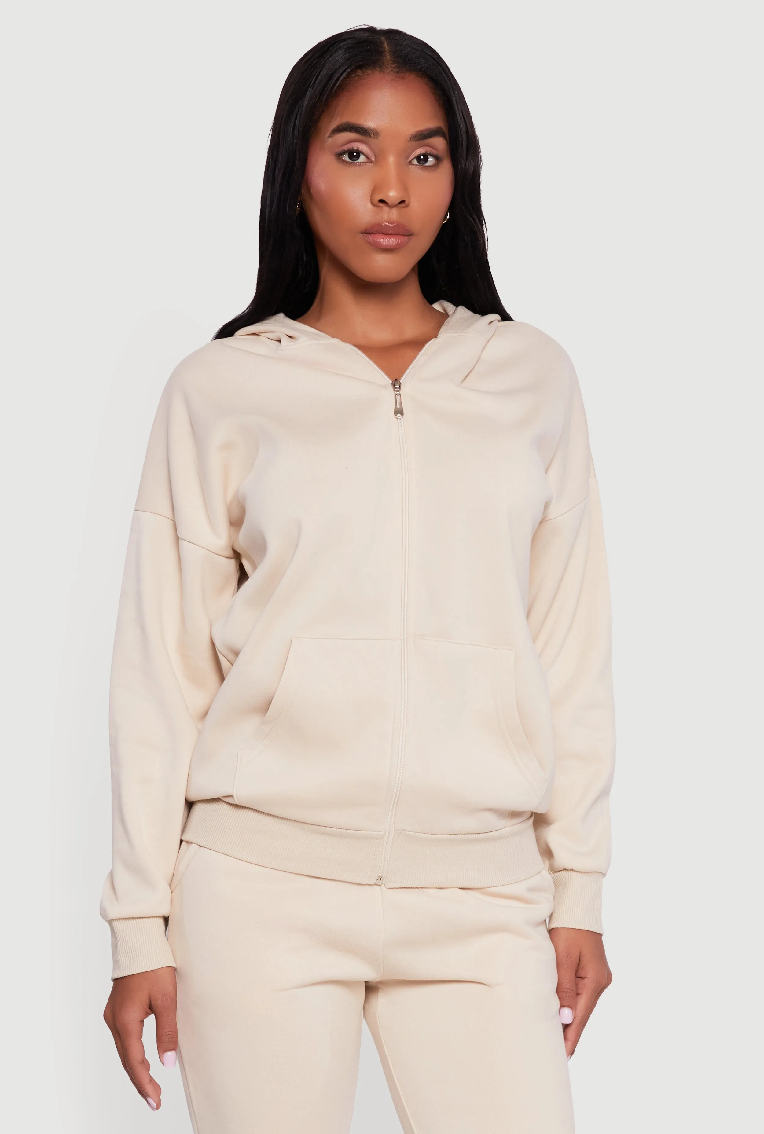 Long Sleeve Drop Shoulder Zip Front Hoodie sold by Rainbow