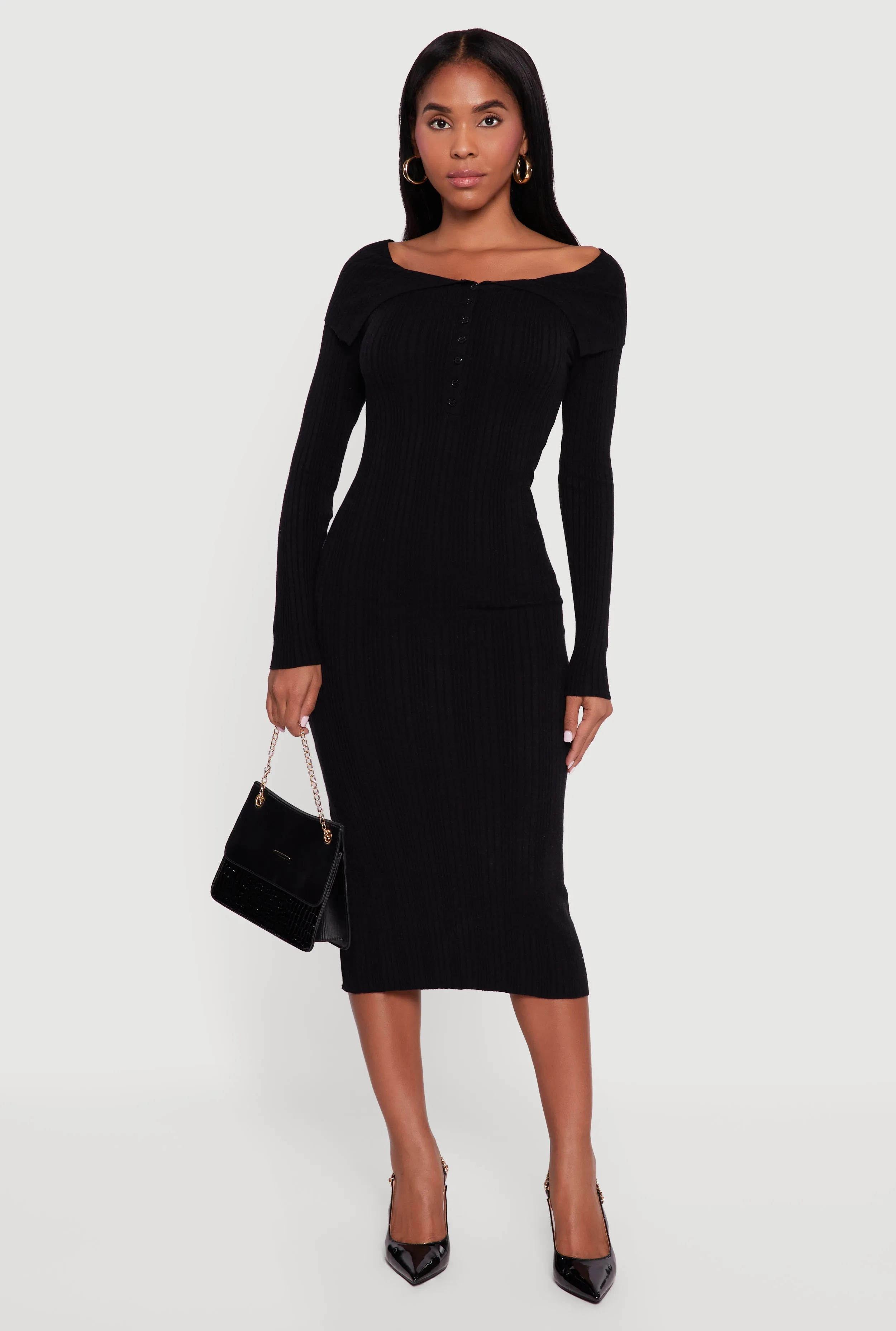 Rib Knit Fold Over Quarter Button Front Sweater Dress sold by Rainbow product image thumbnail 2