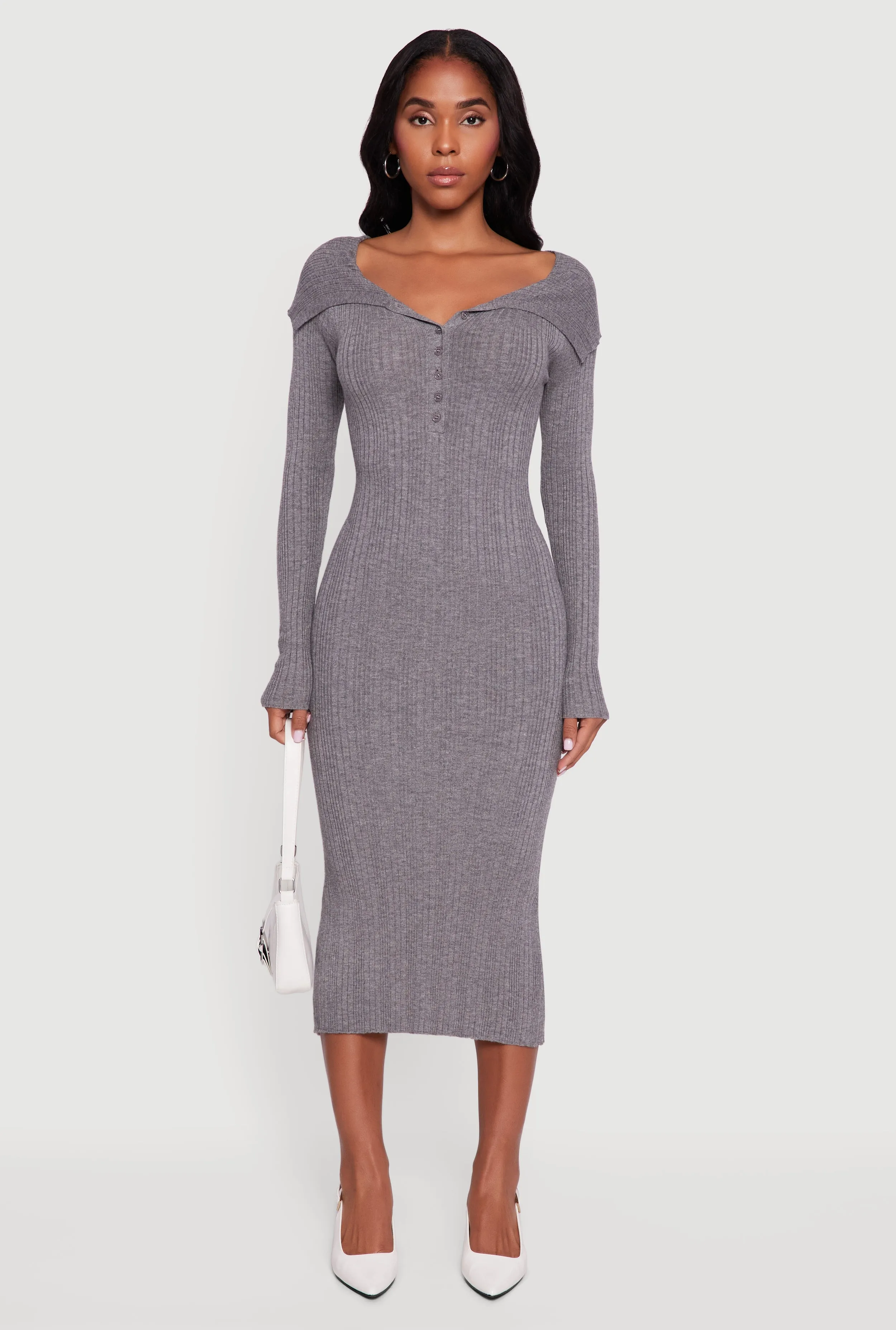 Rib Knit Fold Over Quarter Button Front Sweater Dress sold by Rainbow product image thumbnail 3