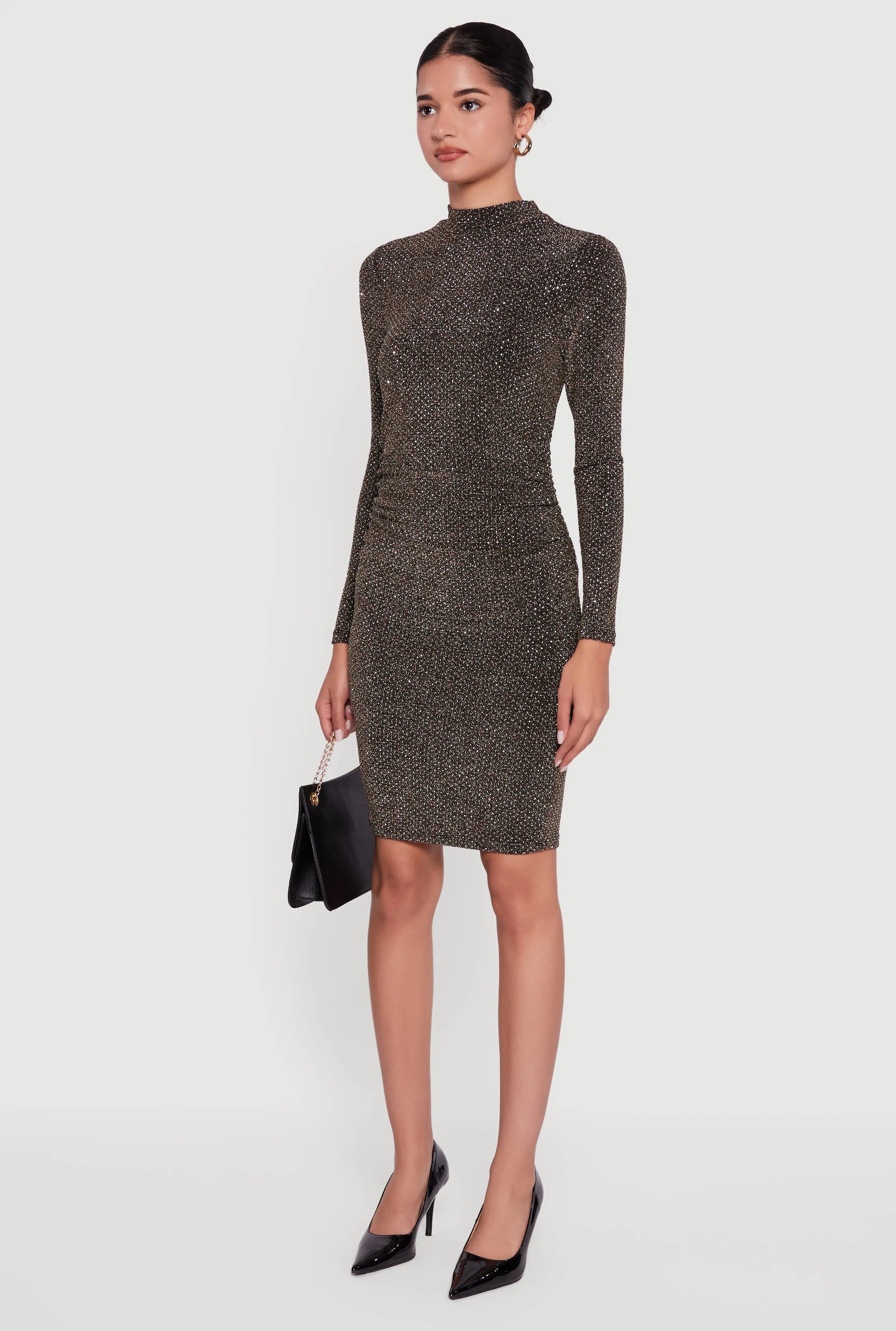 Lurex Long Sleeve Side Ruched Dress with Rhinestones sold by Rainbow product image thumbnail 3