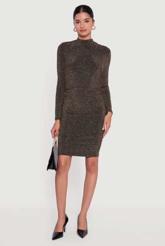 Lurex Long Sleeve Side Ruched Dress with Rhinestones sold by Rainbow