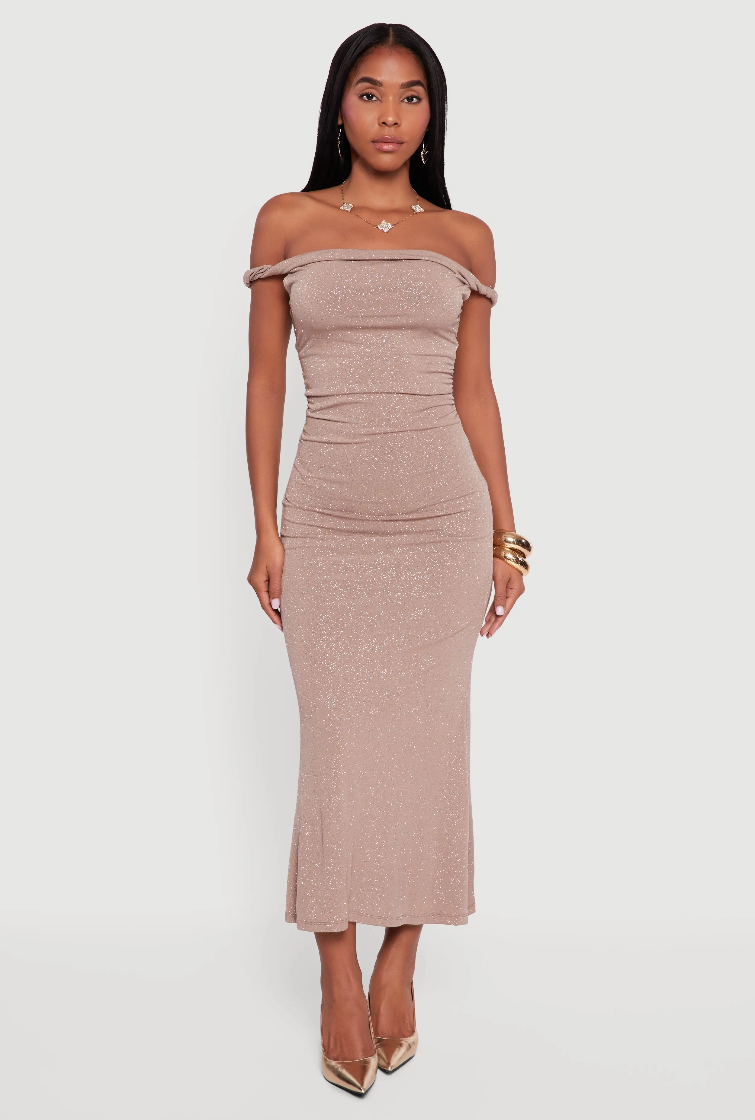 Glitter Off the Shoulder Twist Strap Ruched Side Dress sold by Rainbow product image thumbnail 4
