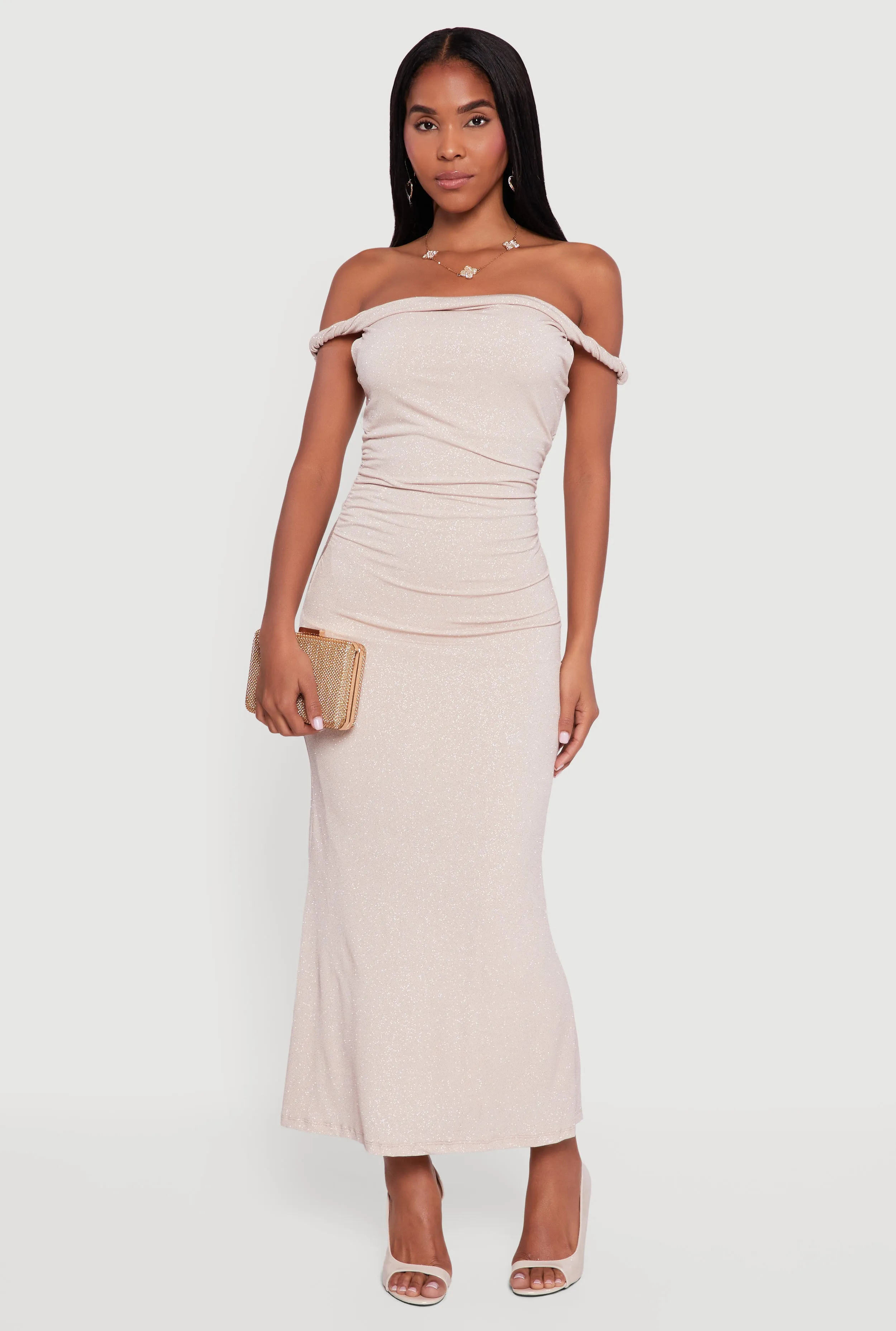 Glitter Off the Shoulder Twist Strap Ruched Side Dress sold by Rainbow
