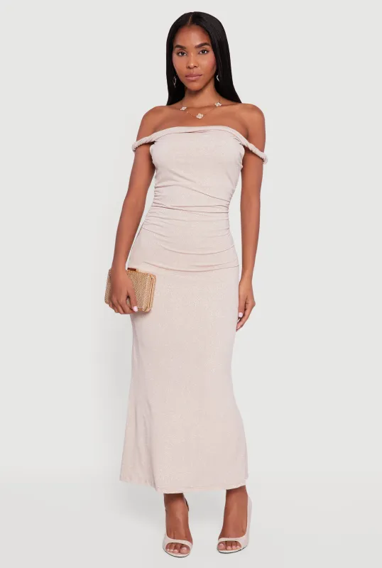 Glitter Off the Shoulder Twist Strap Ruched Side Dress sold by Rainbow