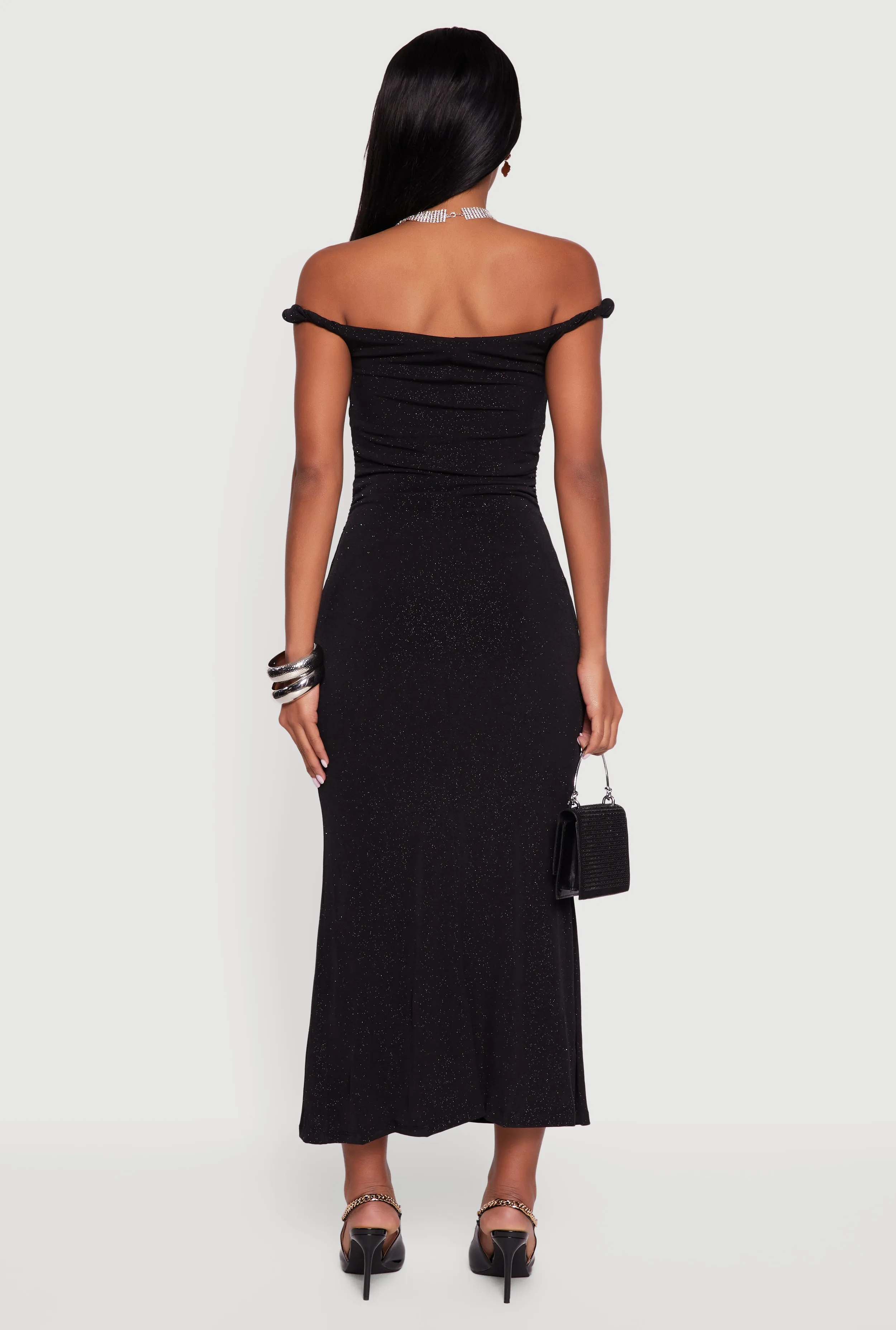 Glitter Off the Shoulder Twist Strap Ruched Side Dress sold by Rainbow product image thumbnail 5