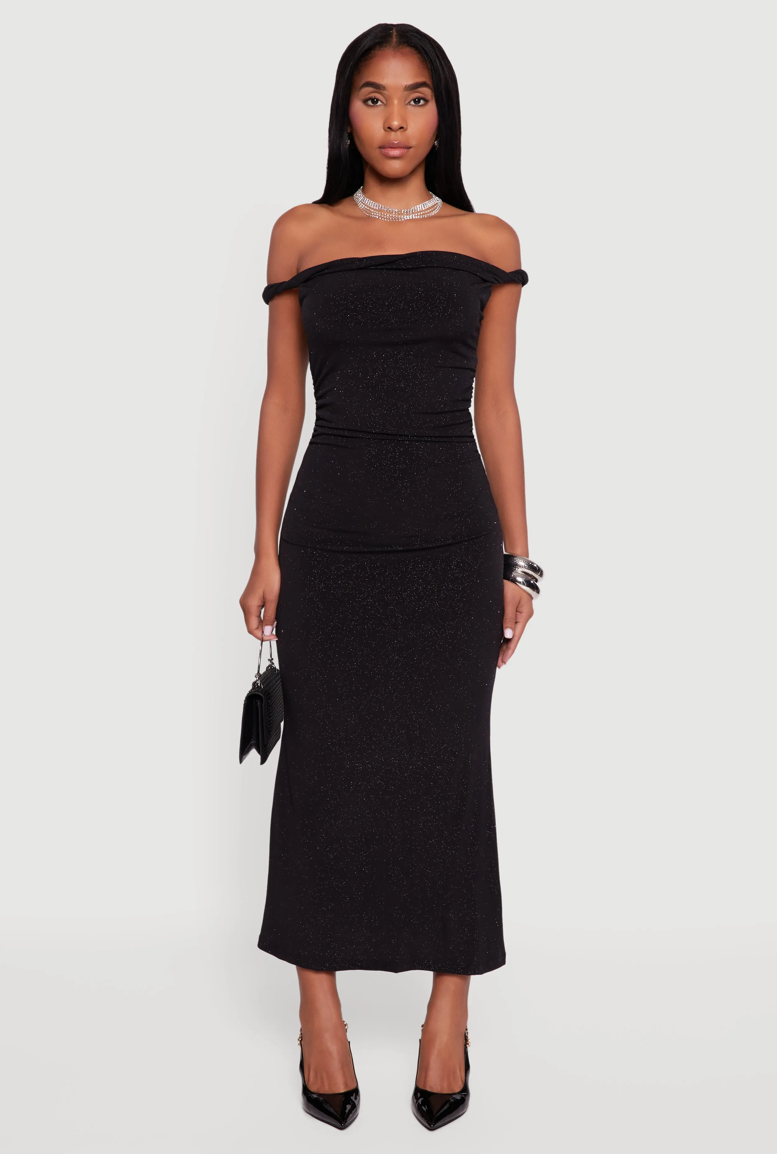Glitter Off the Shoulder Twist Strap Ruched Side Dress sold by Rainbow product image thumbnail 2