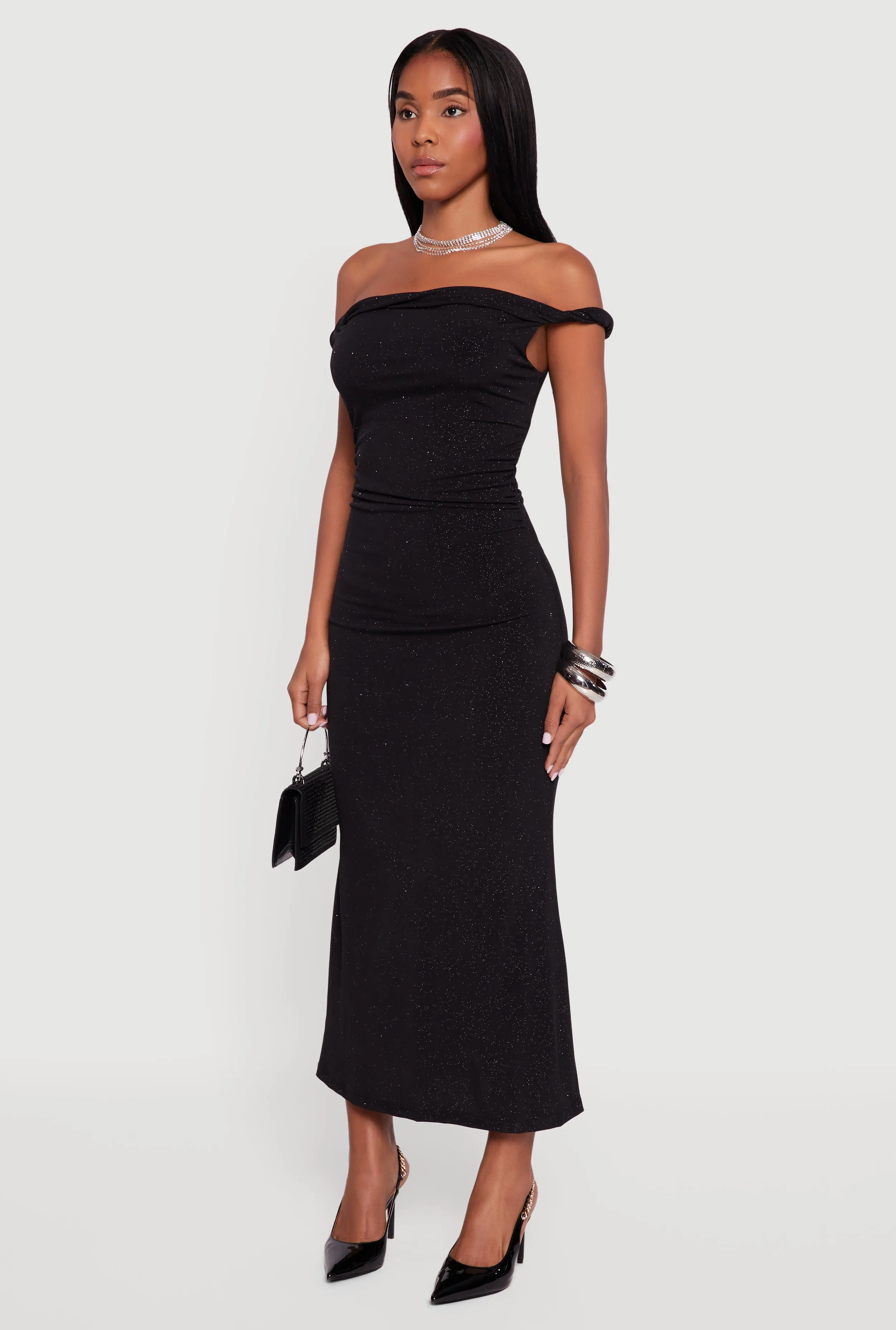 Glitter Off the Shoulder Twist Strap Ruched Side Dress sold by Rainbow product image thumbnail 3