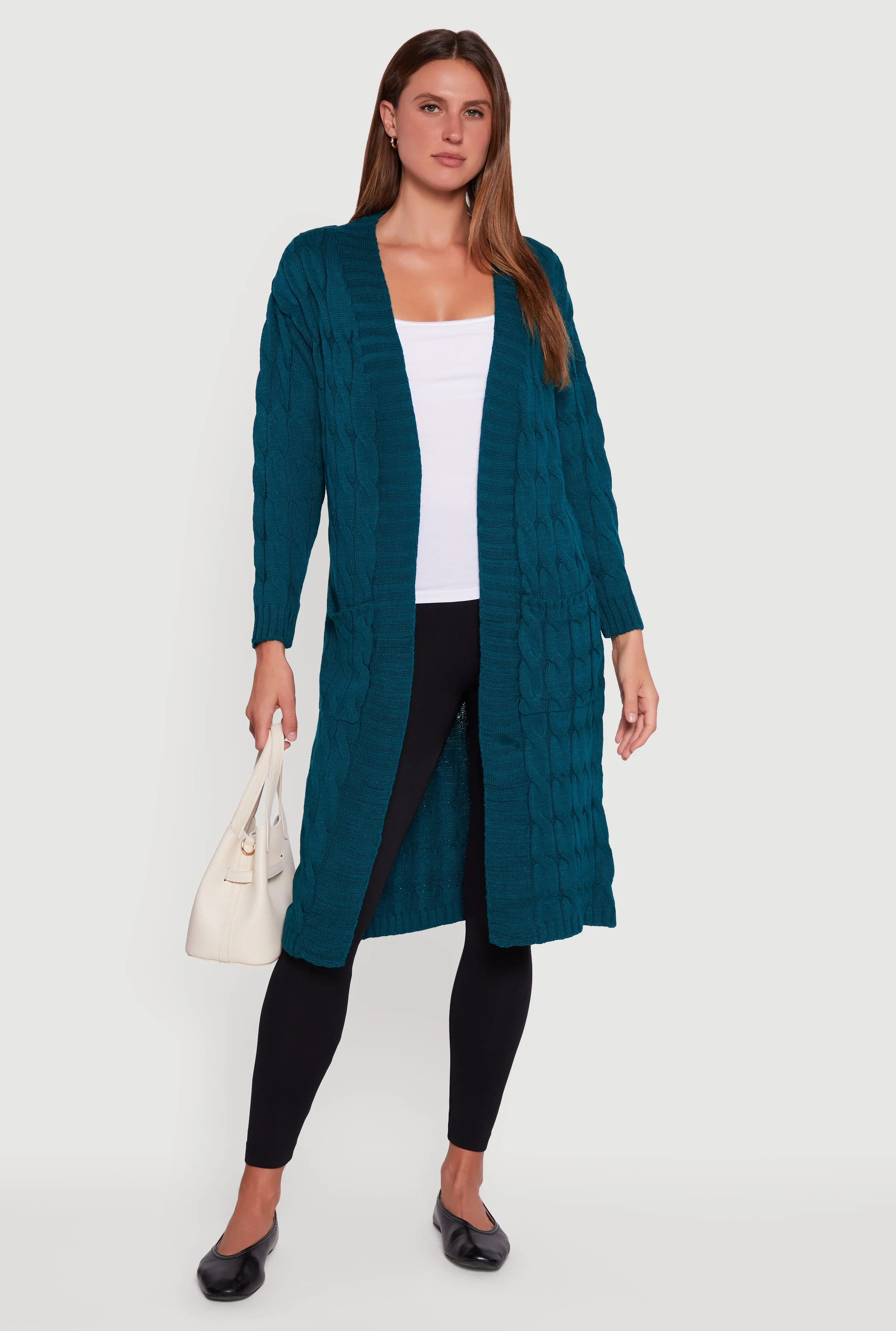 Open Front Cable Knit Long Cardigan sold by Rainbow