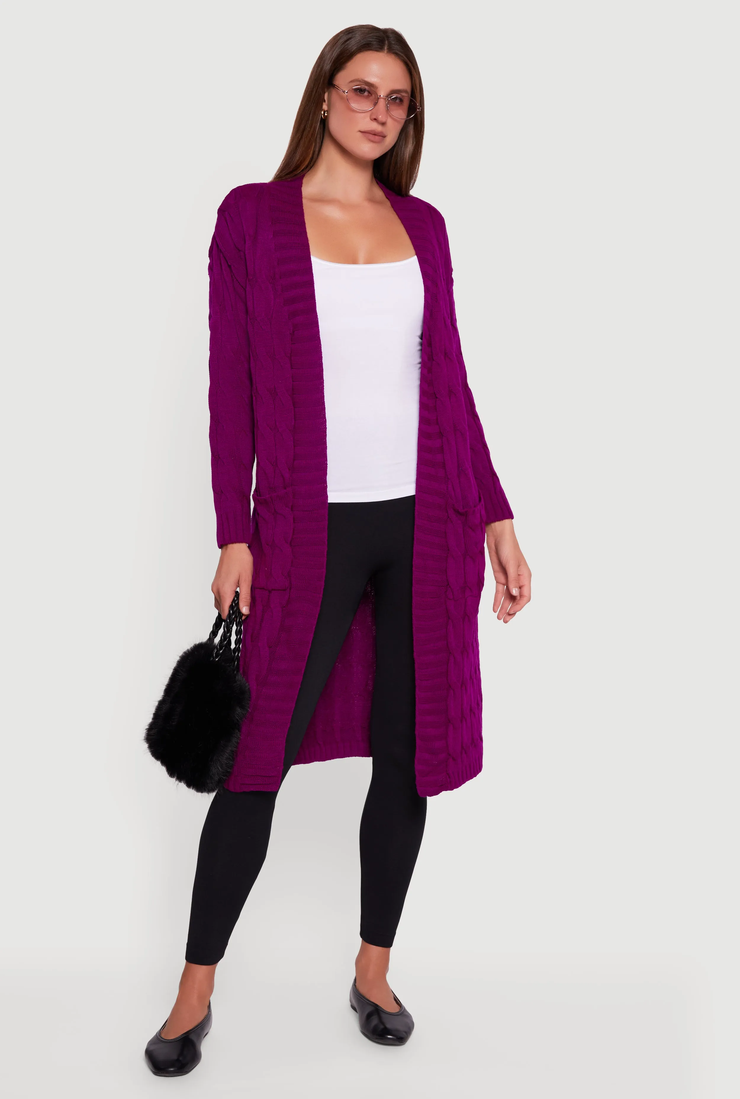 Open Front Cable Knit Long Cardigan sold by Rainbow