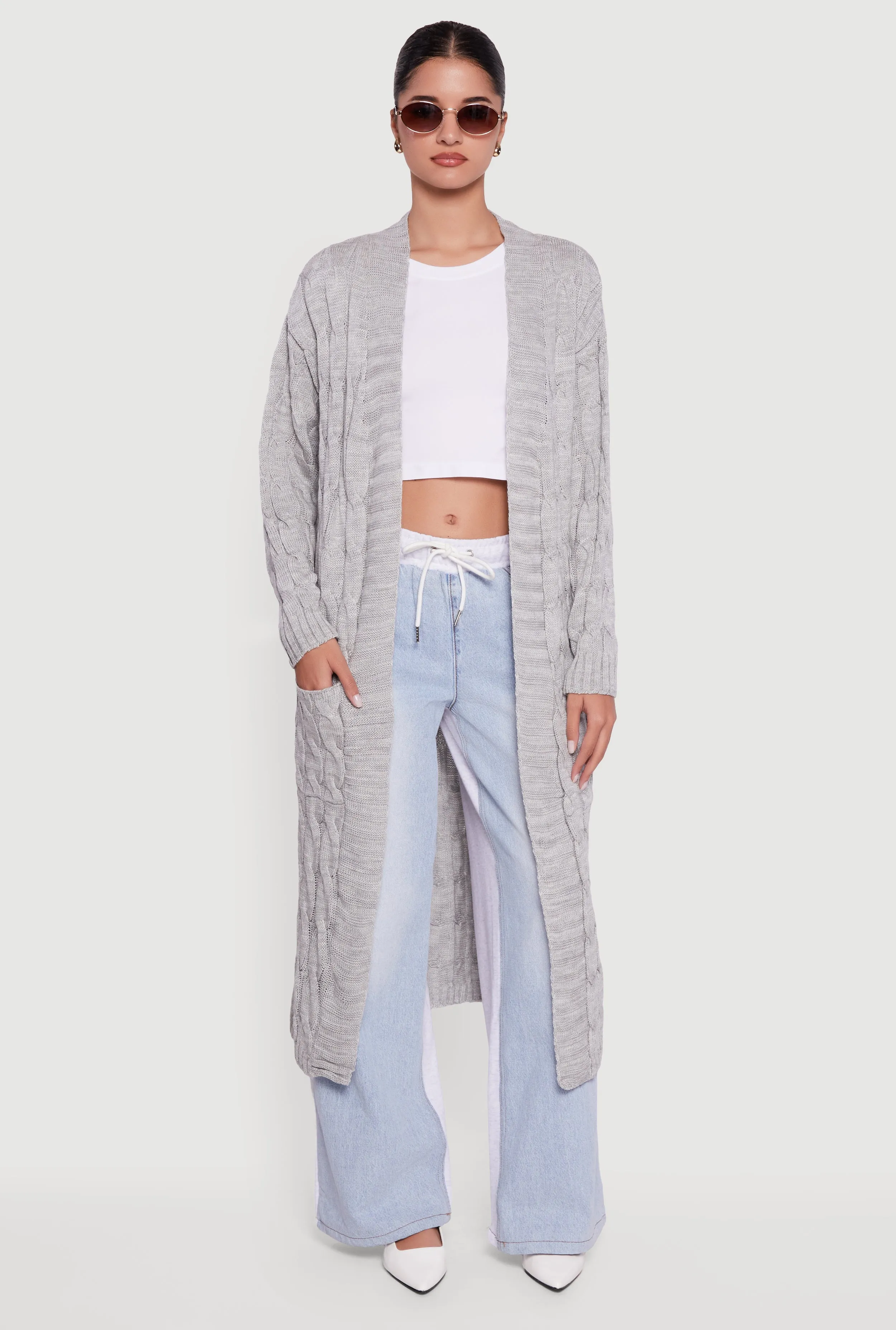 Open Front Cable Knit Long Cardigan sold by Rainbow