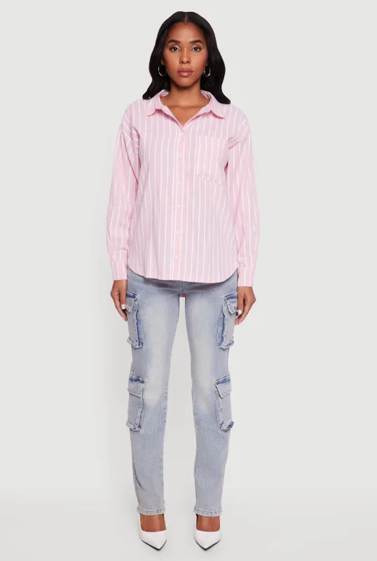 Striped Poplin Button Front Long Sleeve Shirt sold by Rainbow