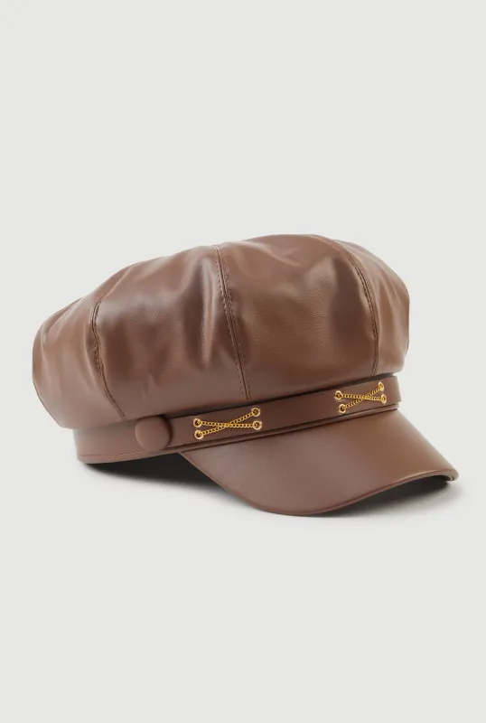 Faux Leather Criss Cross Chain Detail Cabbie Hat sold by Rainbow