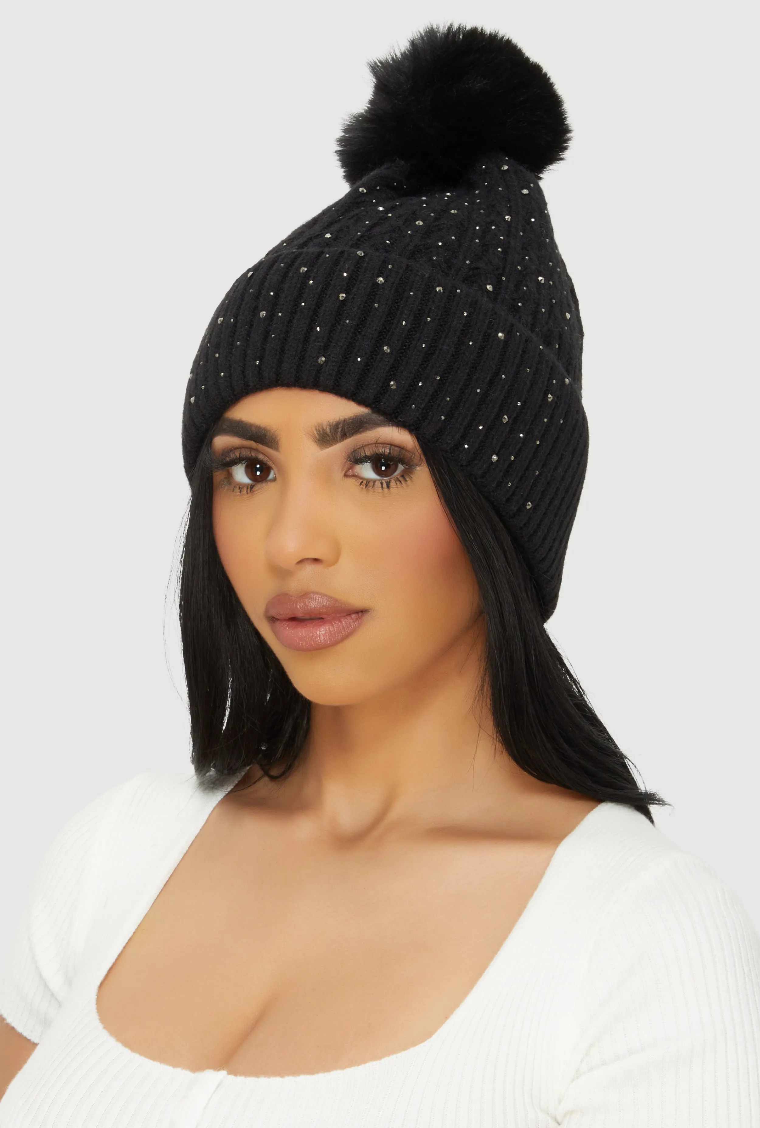 Rhinestone Cable Knit Pom Pom Beanie sold by Rainbow product image thumbnail 2