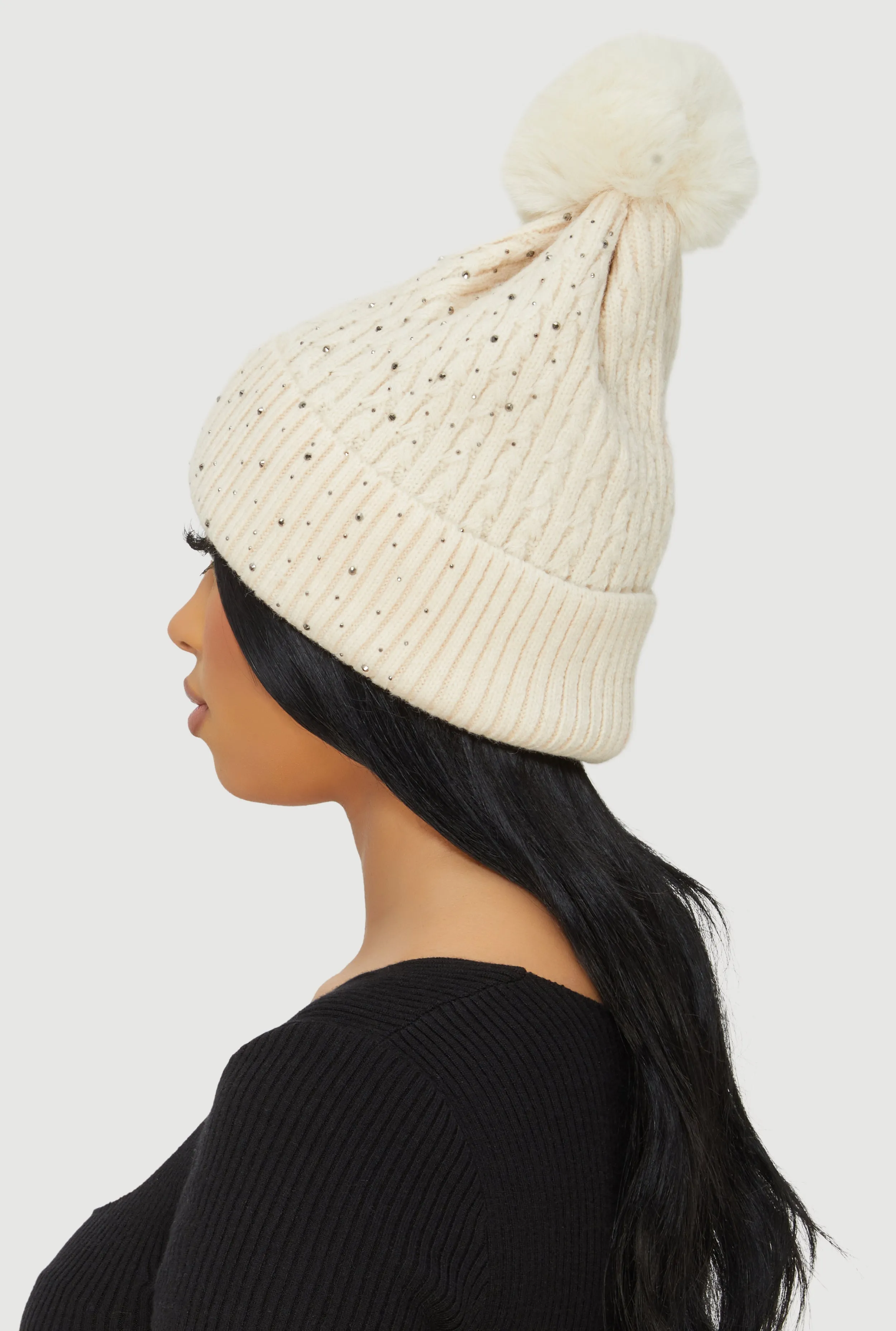 Rhinestone Cable Knit Pom Pom Beanie sold by Rainbow product image thumbnail 3