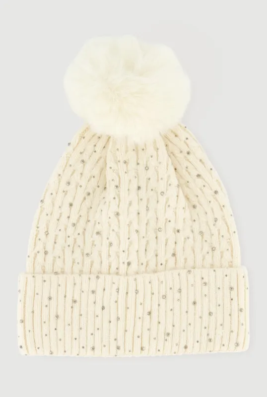 Rhinestone Cable Knit Pom Pom Beanie sold by Rainbow