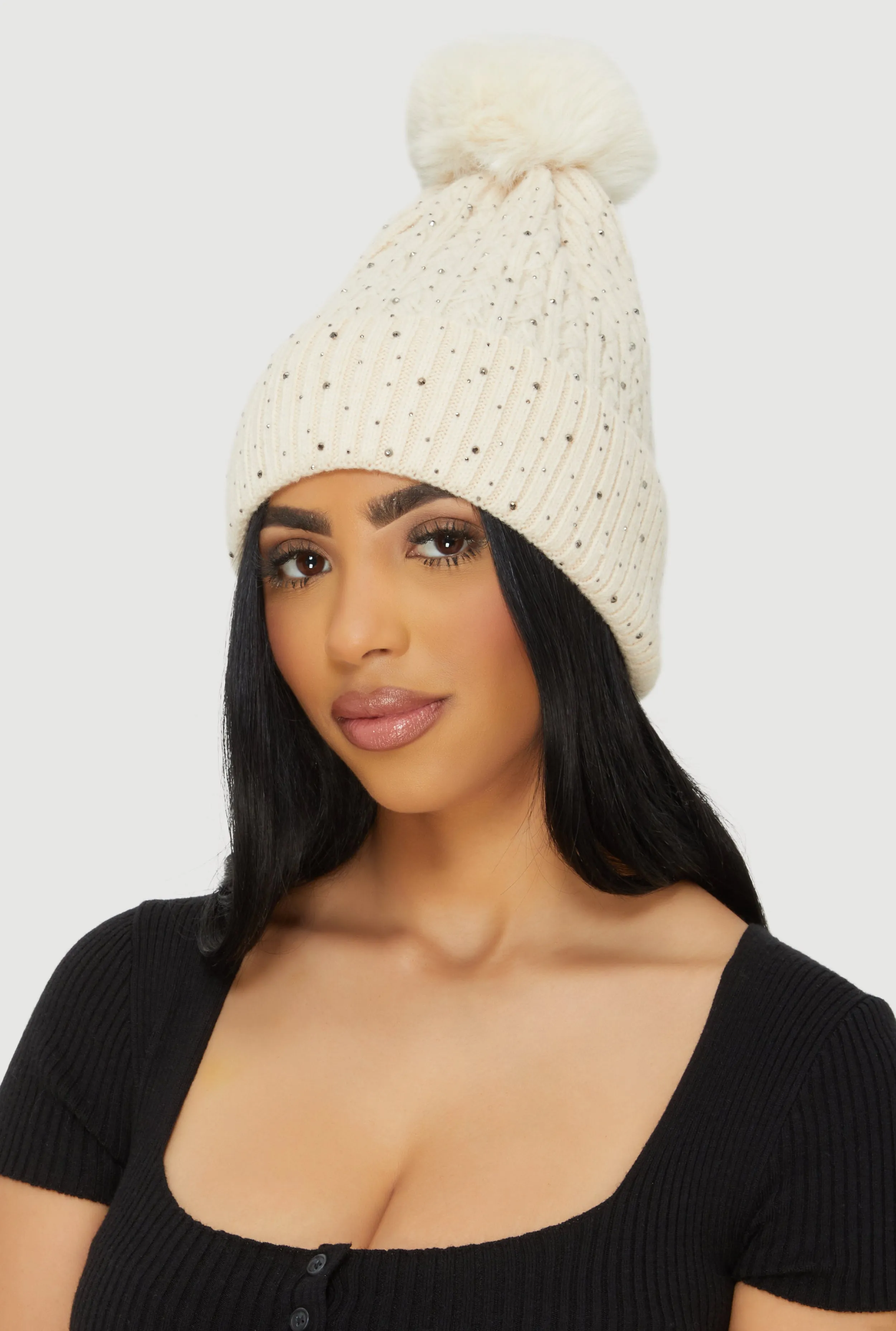 Rhinestone Cable Knit Pom Pom Beanie sold by Rainbow product image thumbnail 2