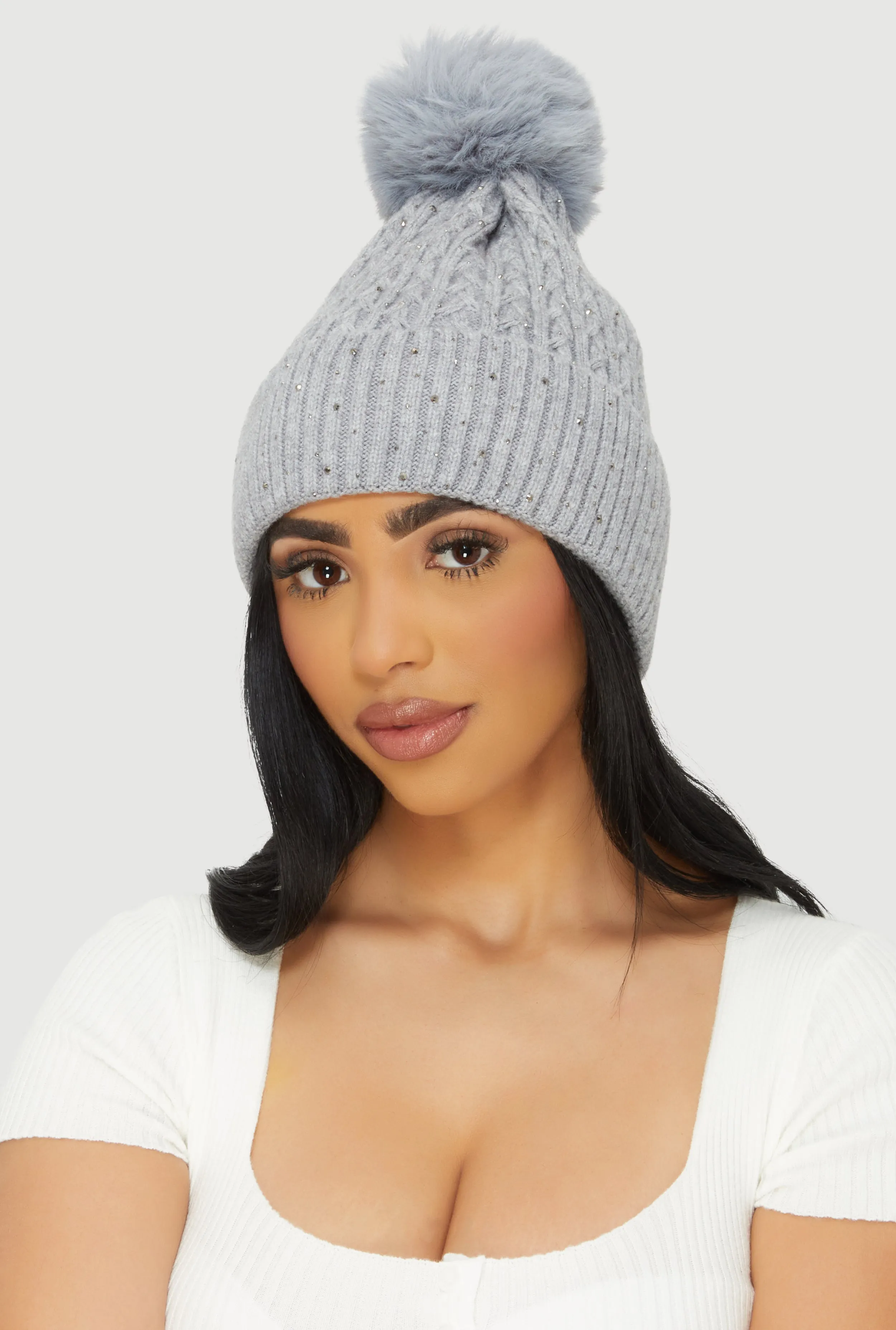 Rhinestone Cable Knit Pom Pom Beanie sold by Rainbow product image thumbnail 2