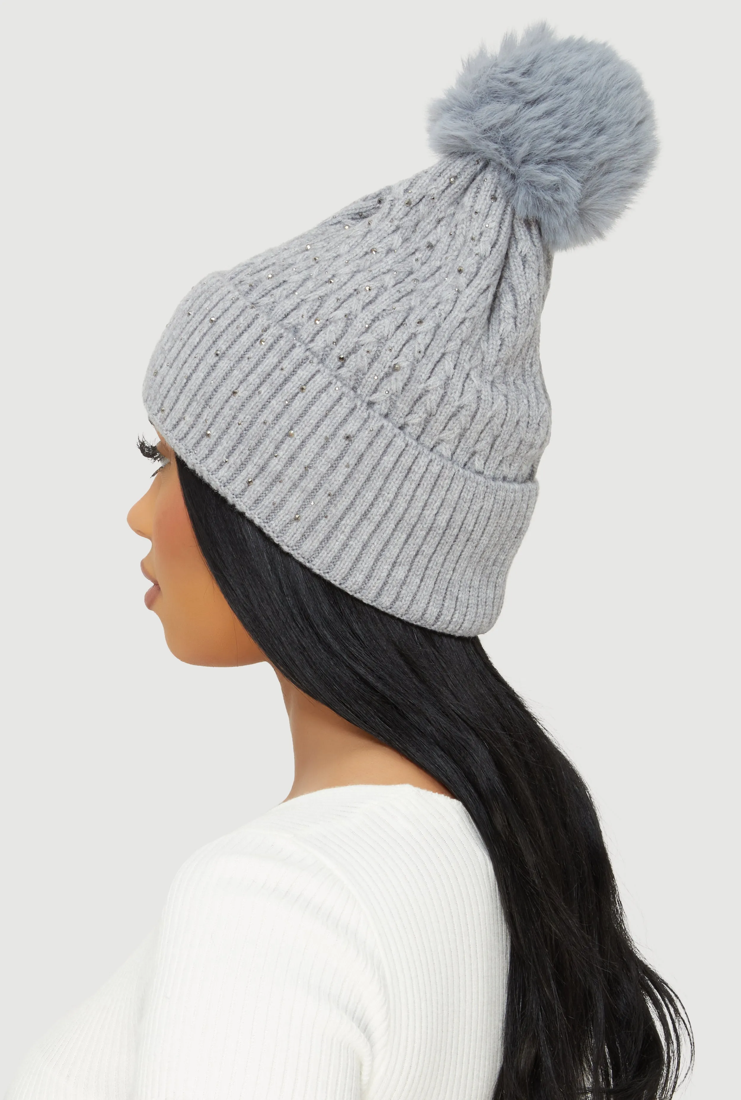 Rhinestone Cable Knit Pom Pom Beanie sold by Rainbow product image thumbnail 3
