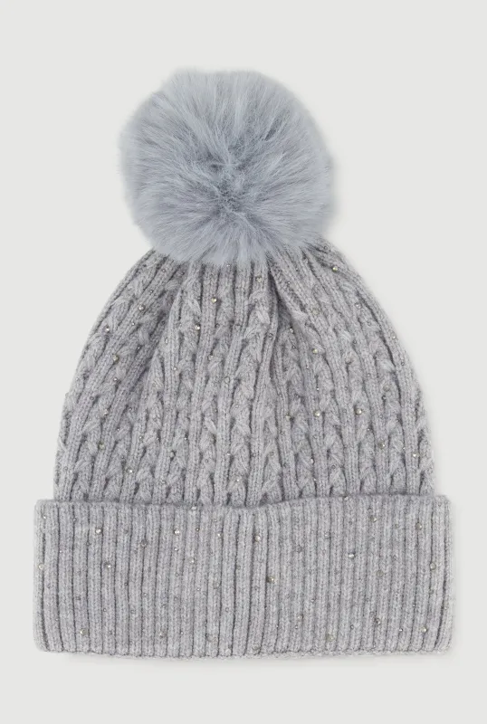 Rhinestone Cable Knit Pom Pom Beanie sold by Rainbow