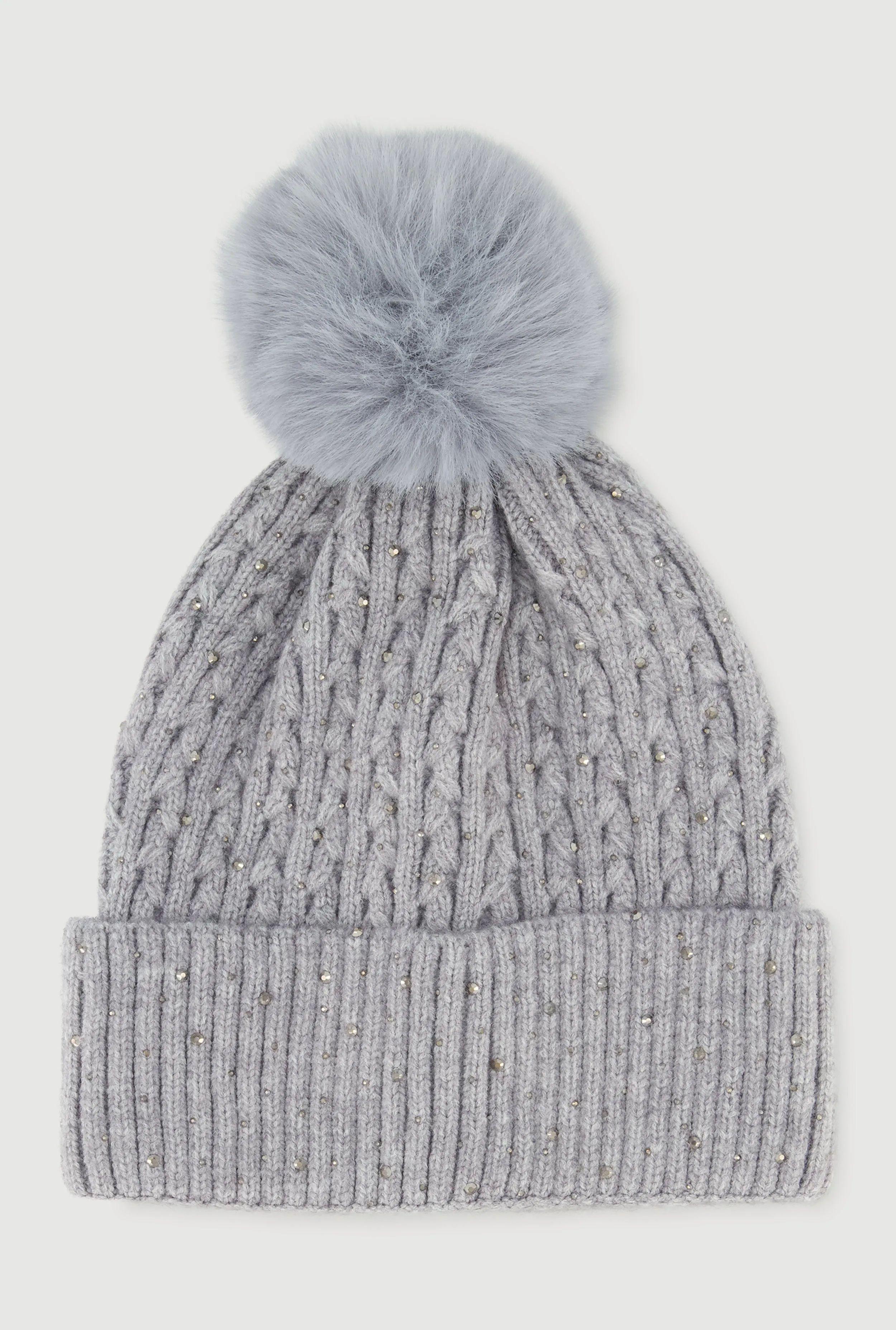 Rhinestone Cable Knit Pom Pom Beanie sold by Rainbow