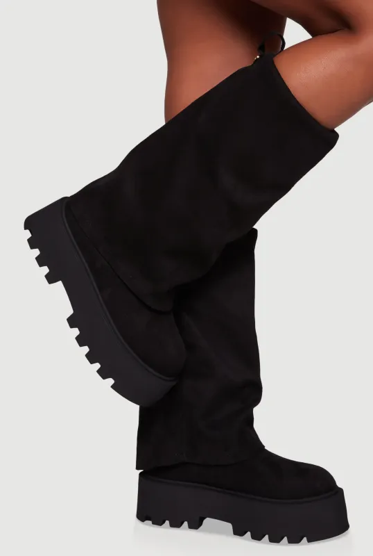 Faux Suede Lug Sole Platform Slouch Boots sold by Rainbow