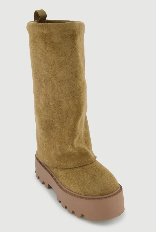 Faux Suede Lug Sole Platform Slouch Boots sold by Rainbow