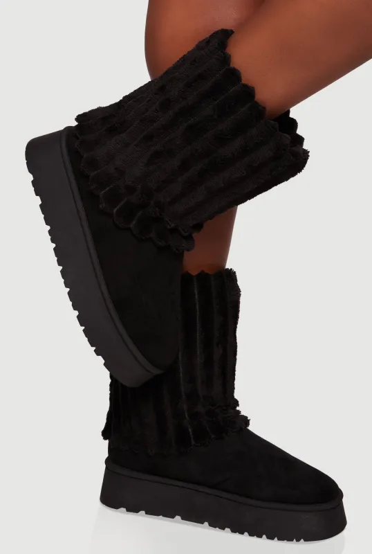 Rib Knit Faux Fur Round Toe Platform Booties sold by Rainbow