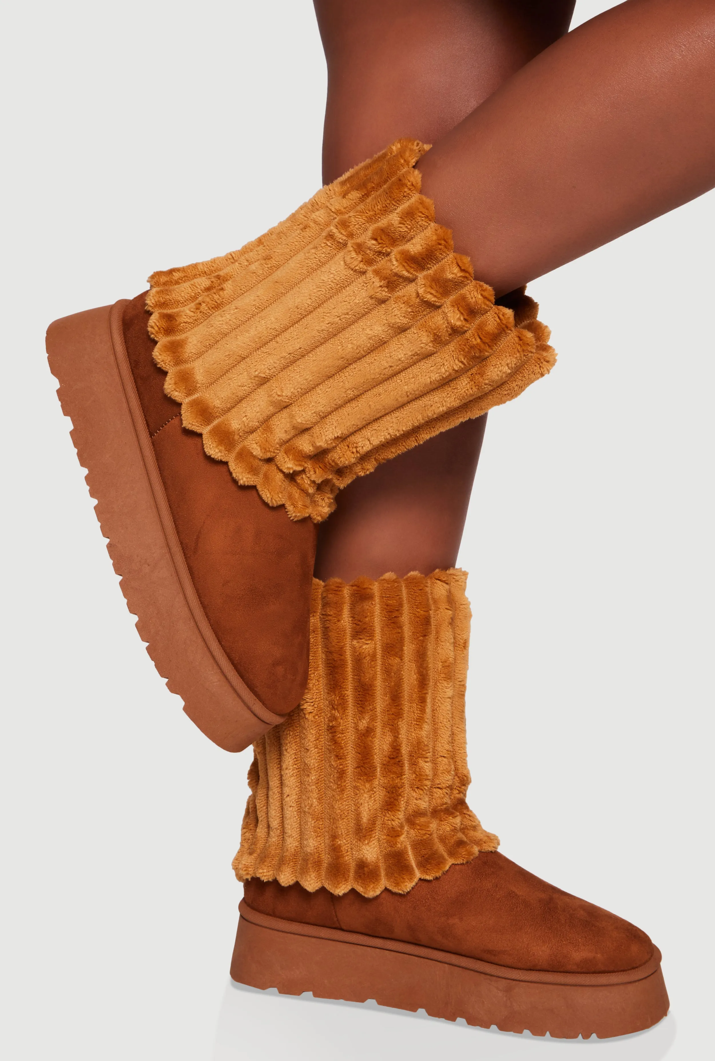 Rib Knit Faux Fur Round Toe Platform Booties sold by Rainbow
