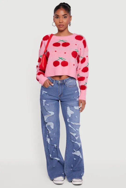 Cherry Print Pullover Cropped Sweater sold by Rainbow