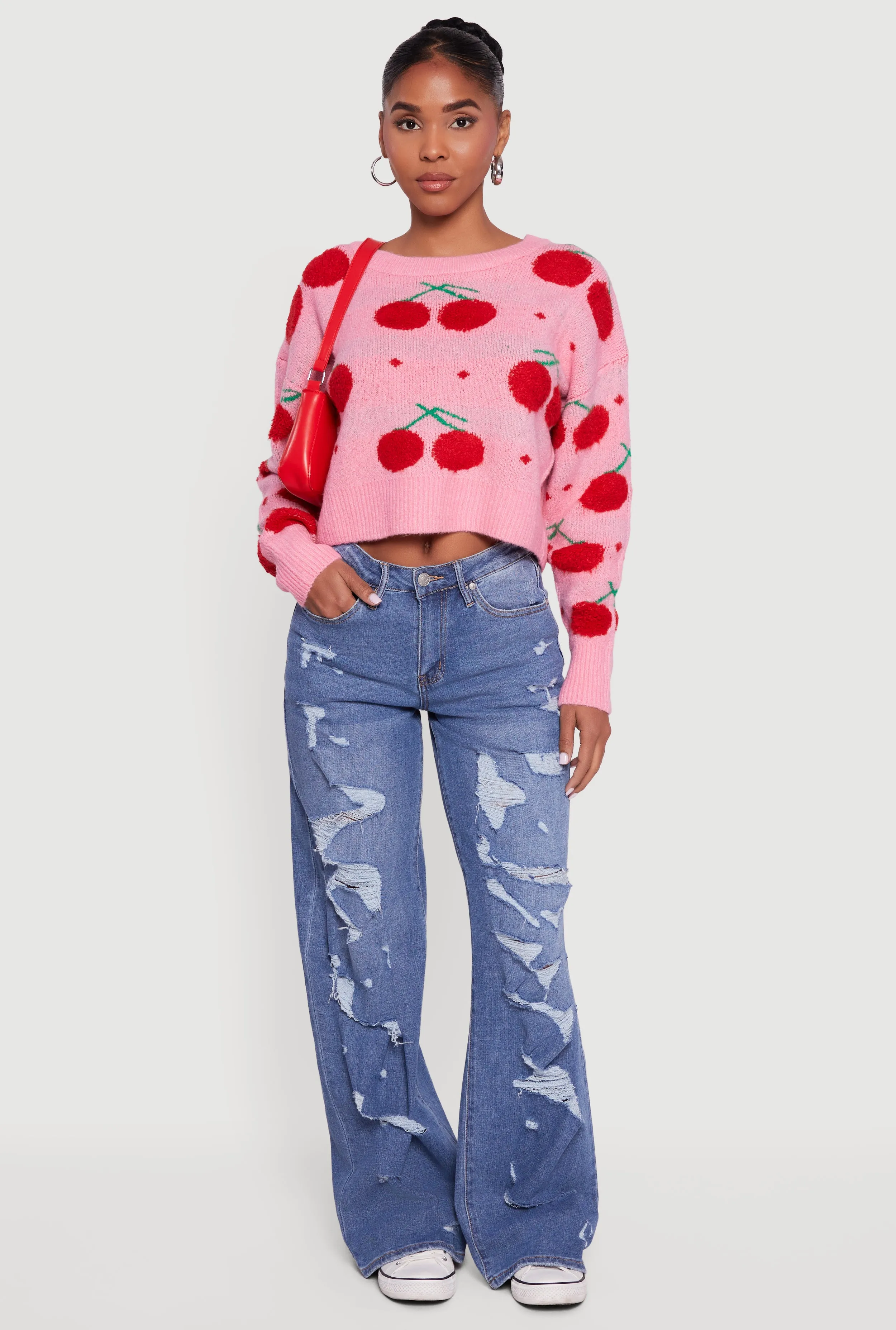 Cherry Print Pullover Cropped Sweater sold by Rainbow