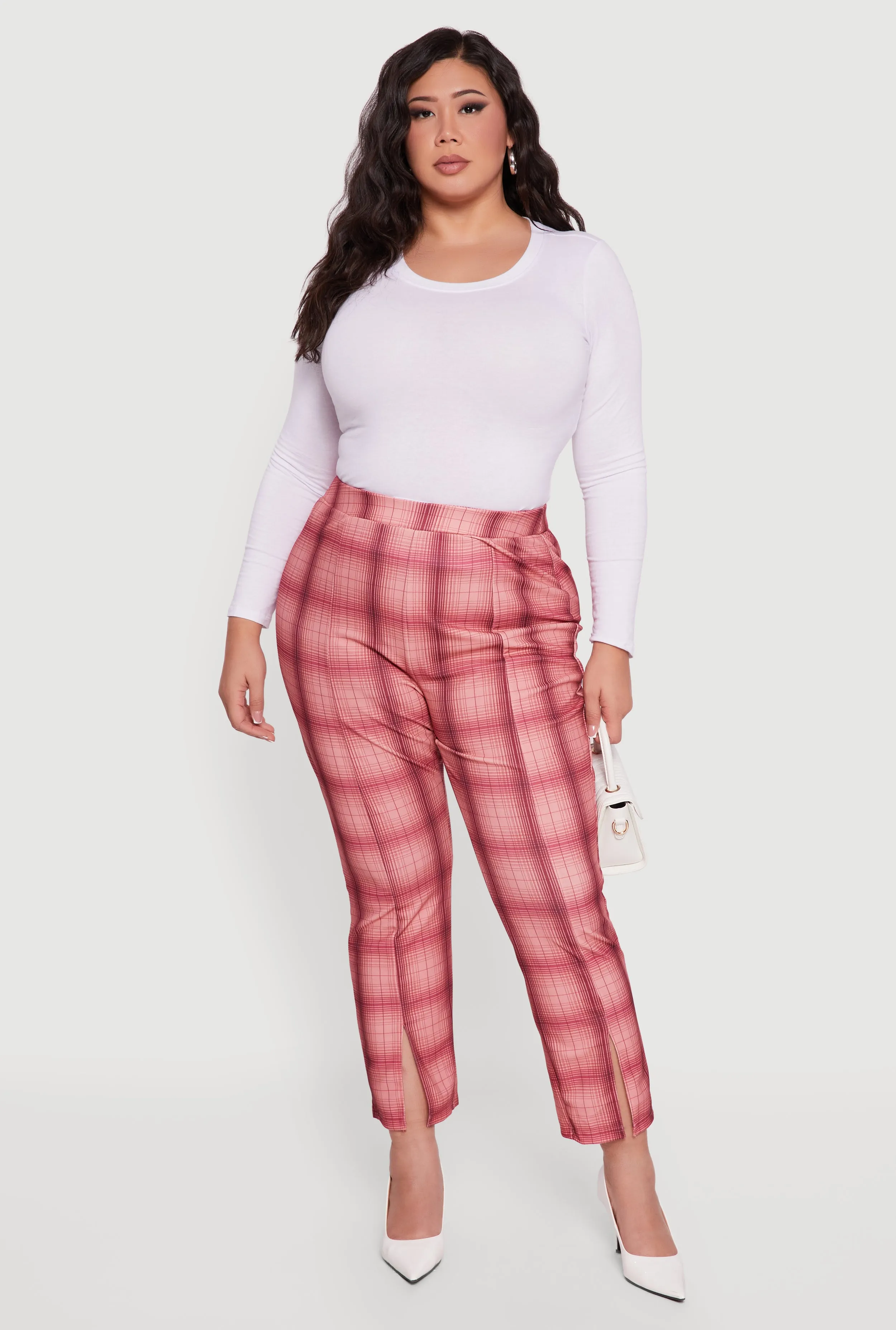 Plus Size Plaid Slit Front Pull On Slim Leg Pants sold by Rainbow