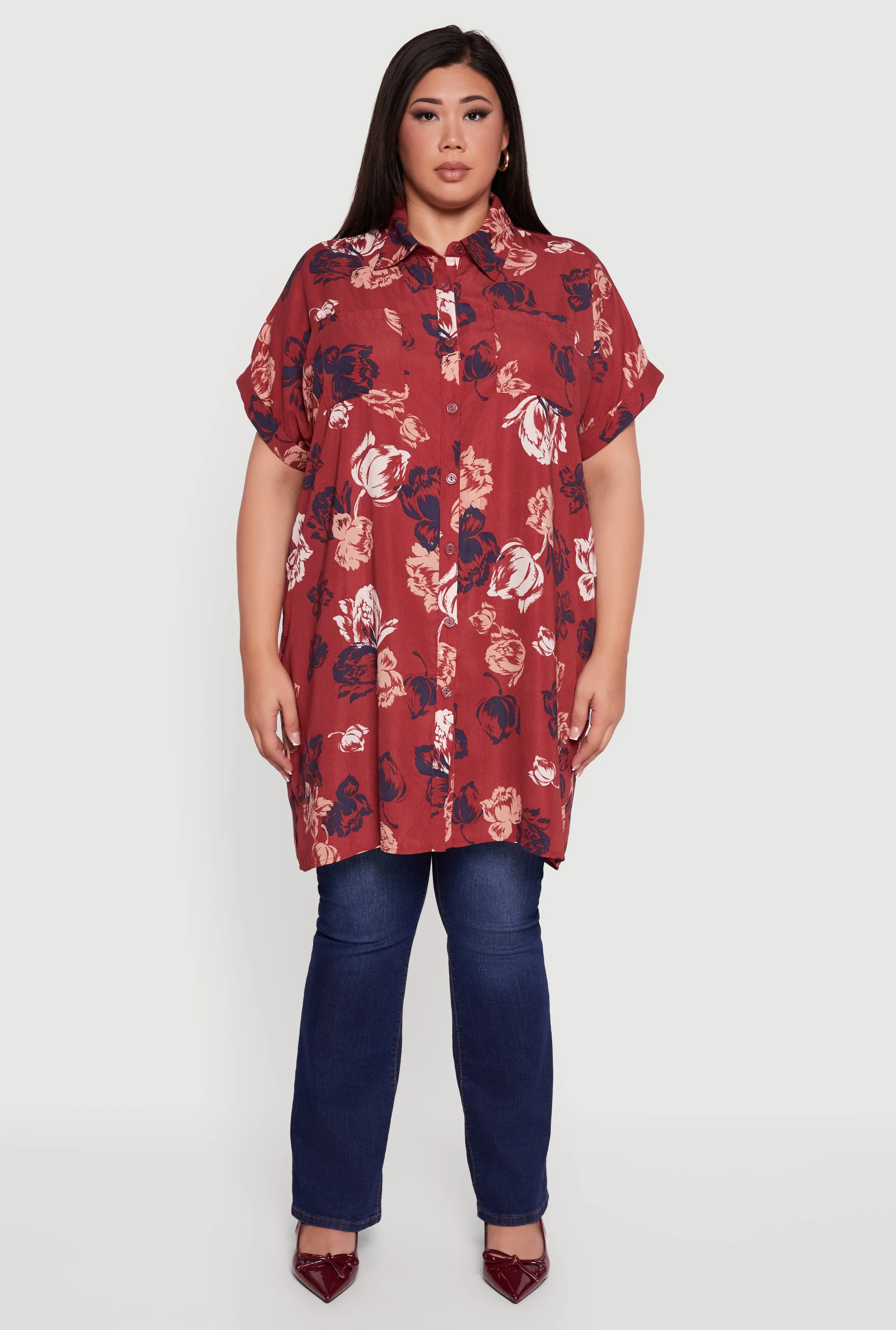 Plus Size Floral Fixed Cuff Button Front Tunic Shirt sold by Rainbow product image thumbnail 3