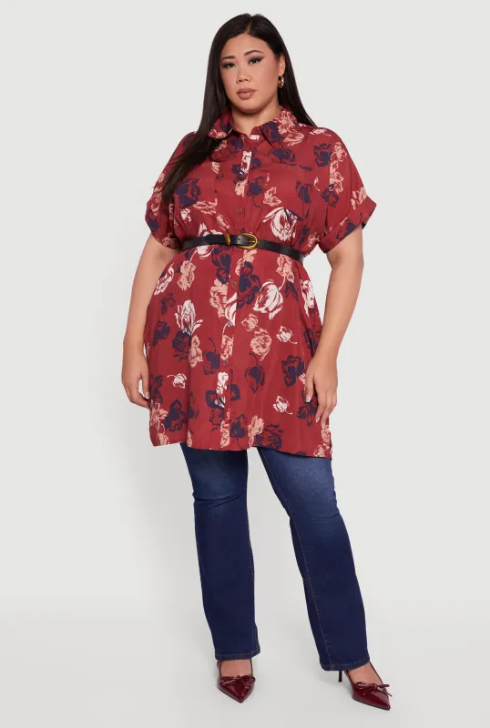 Plus Size Floral Fixed Cuff Button Front Tunic Shirt sold by Rainbow